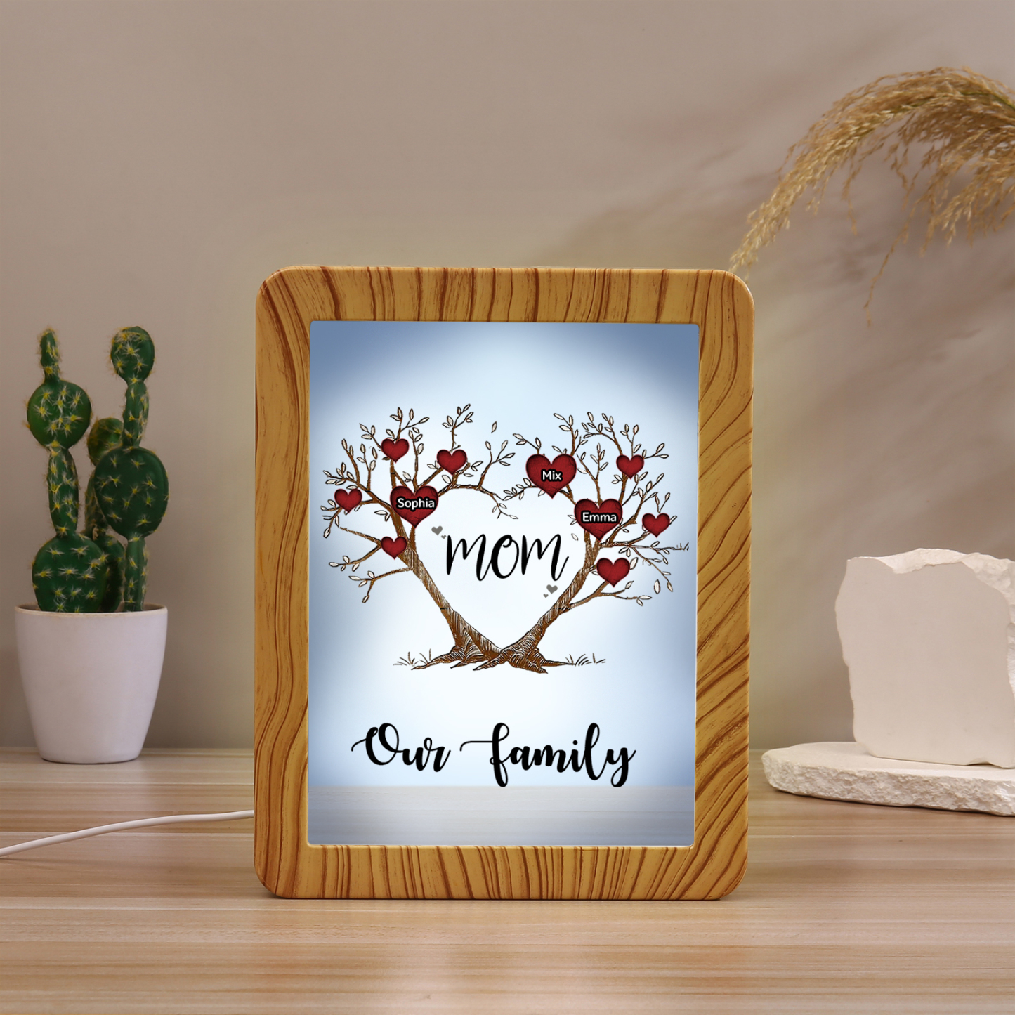 3 Names - Personalized Home Mirror Photo Frame Night Light Insert/Rechargeable Custom Text LED Night Light Gift for Mom
