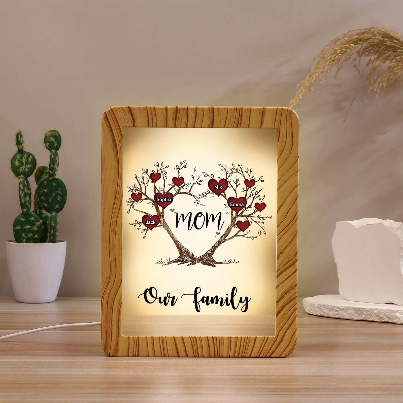 4 Names - Personalized Home Mirror Photo Frame Night Light Insert/Rechargeable Custom Text LED Night Light Gift for Mom