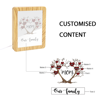 4 Names - Personalized Home Mirror Photo Frame Night Light Insert/Rechargeable Custom Text LED Night Light Gift for Mom