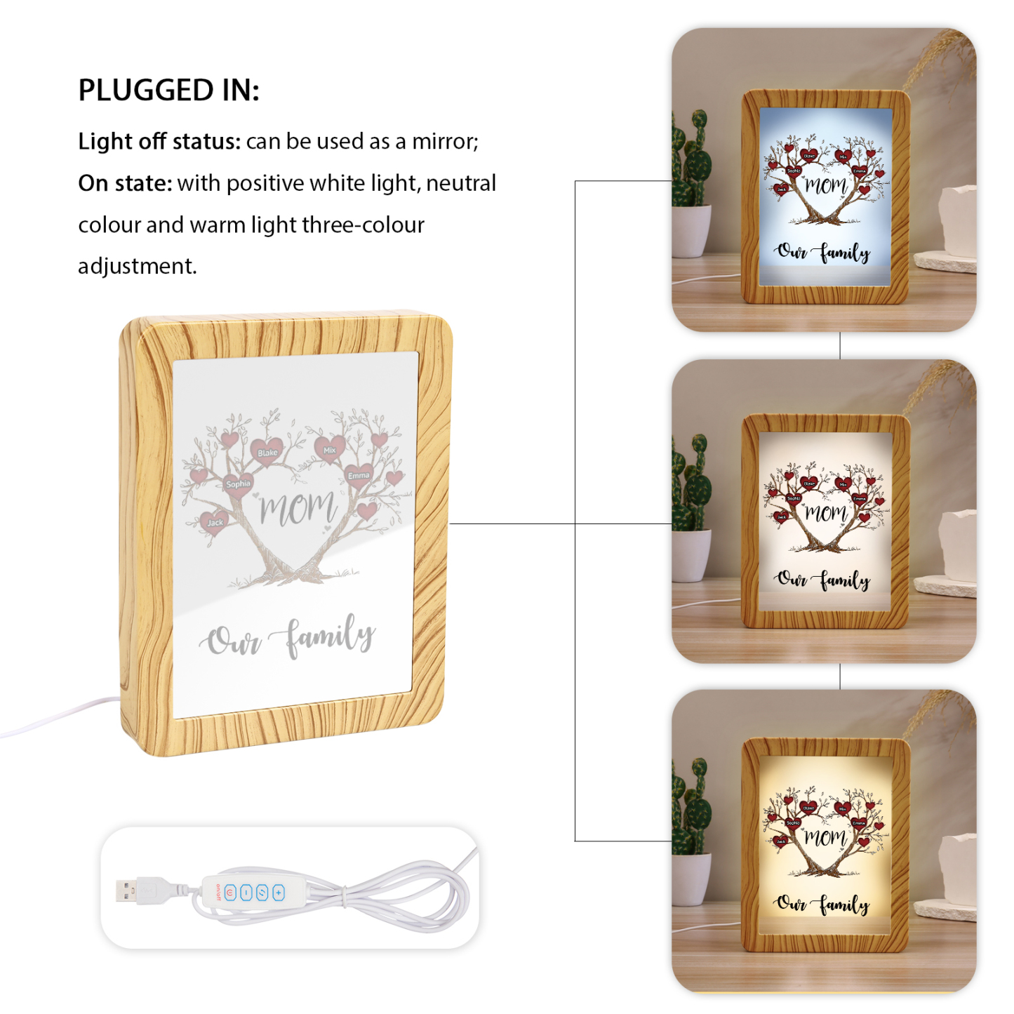 5 Names - Personalized Home Mirror Photo Frame Night Light Insert/Rechargeable Custom Text LED Night Light Gift for Mom