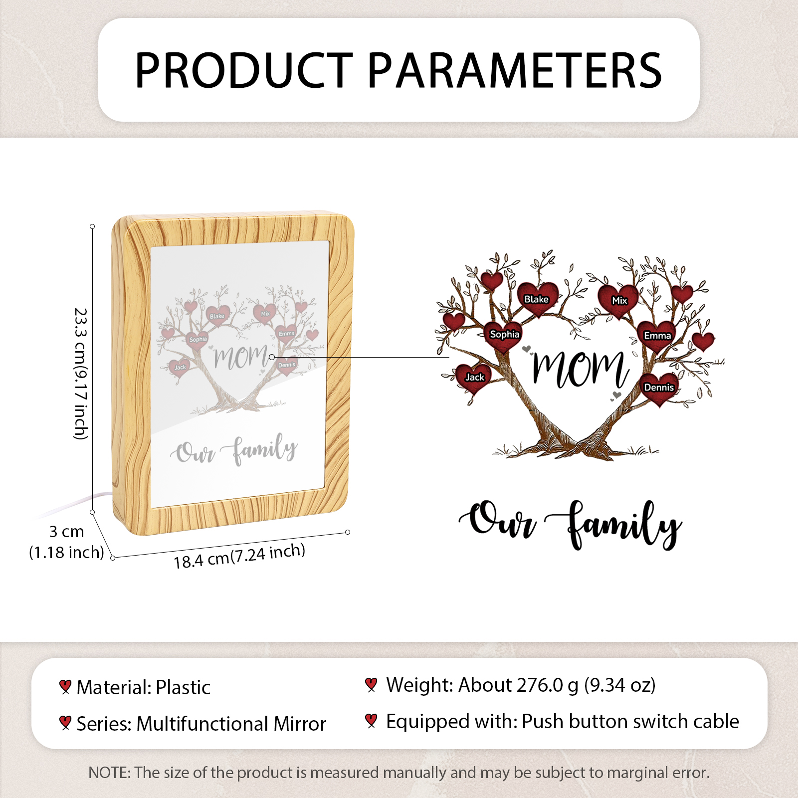 6 Names - Personalized Home Mirror Photo Frame Night Light Insert/Rechargeable Custom Text LED Night Light Gift for Mom