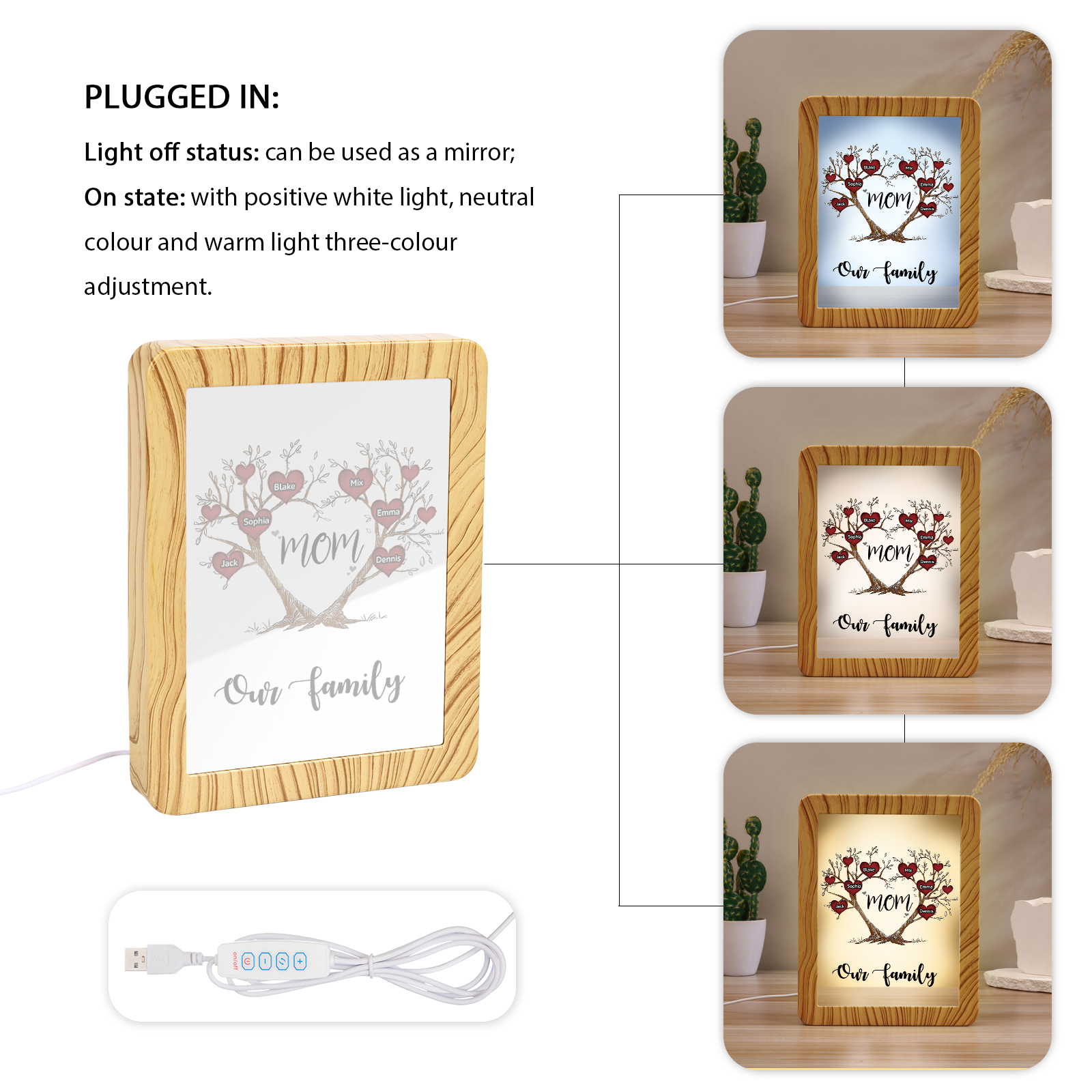 6 Names - Personalized Home Mirror Photo Frame Night Light Insert/Rechargeable Custom Text LED Night Light Gift for Mom