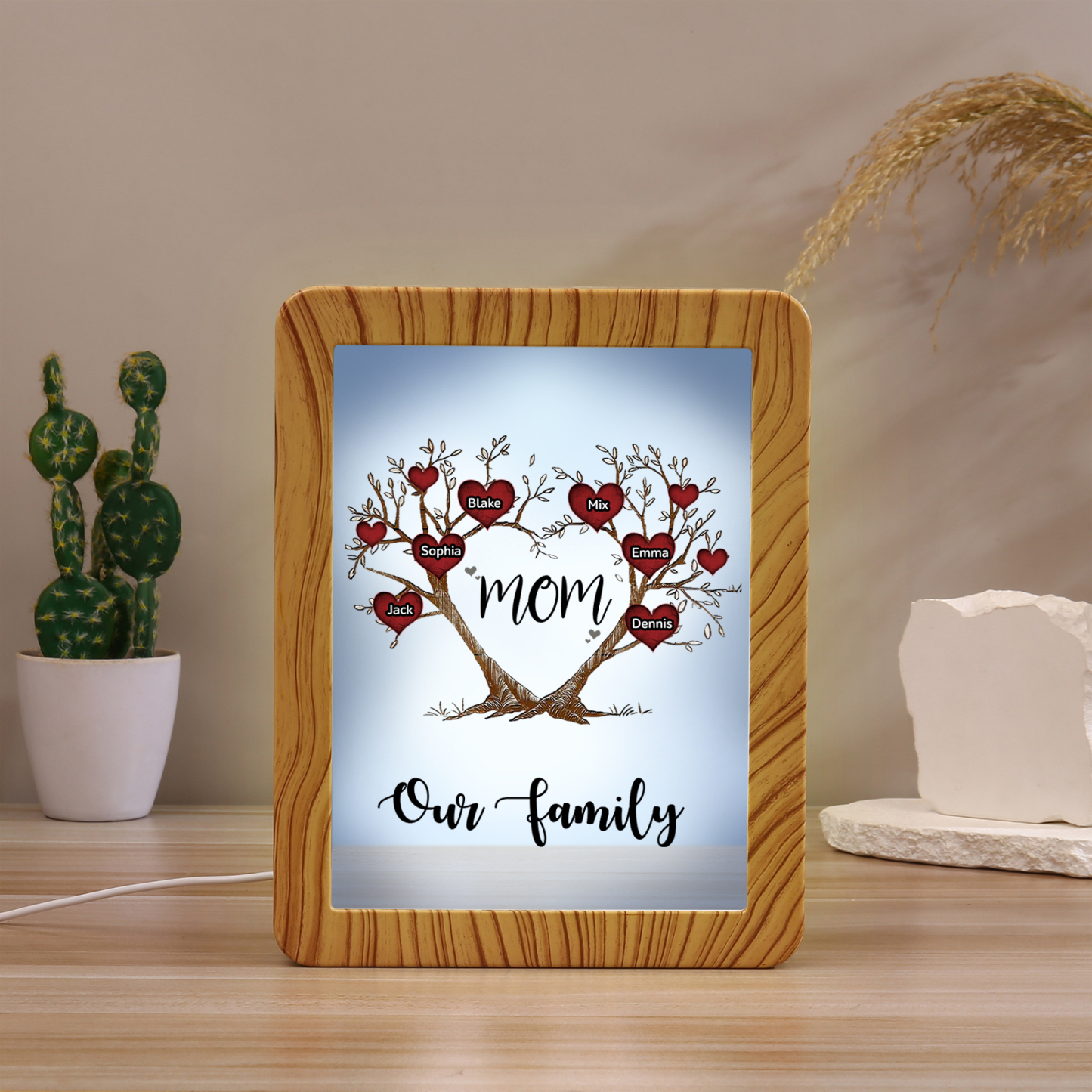 6 Names - Personalized Home Mirror Photo Frame Night Light Insert/Rechargeable Custom Text LED Night Light Gift for Mom