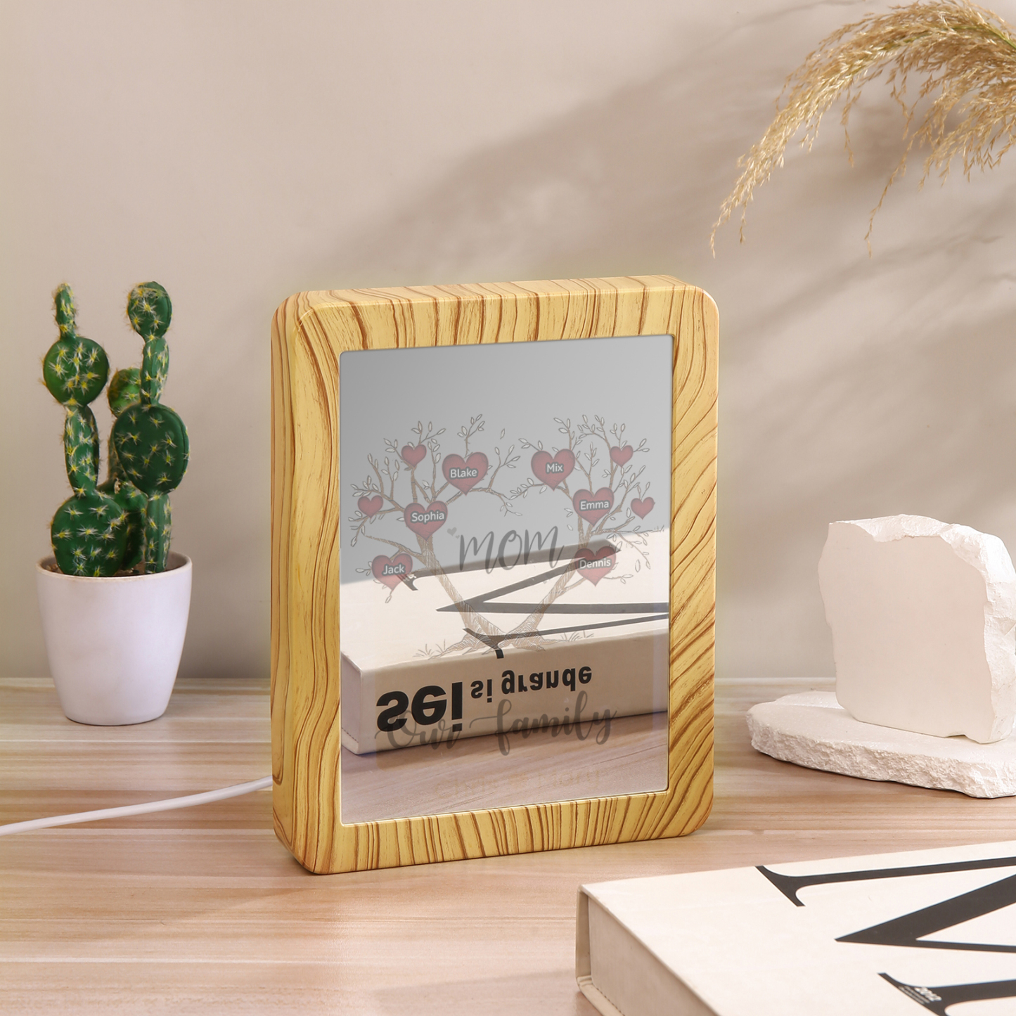 6 Names - Personalized Home Mirror Photo Frame Night Light Insert/Rechargeable Custom Text LED Night Light Gift for Mom