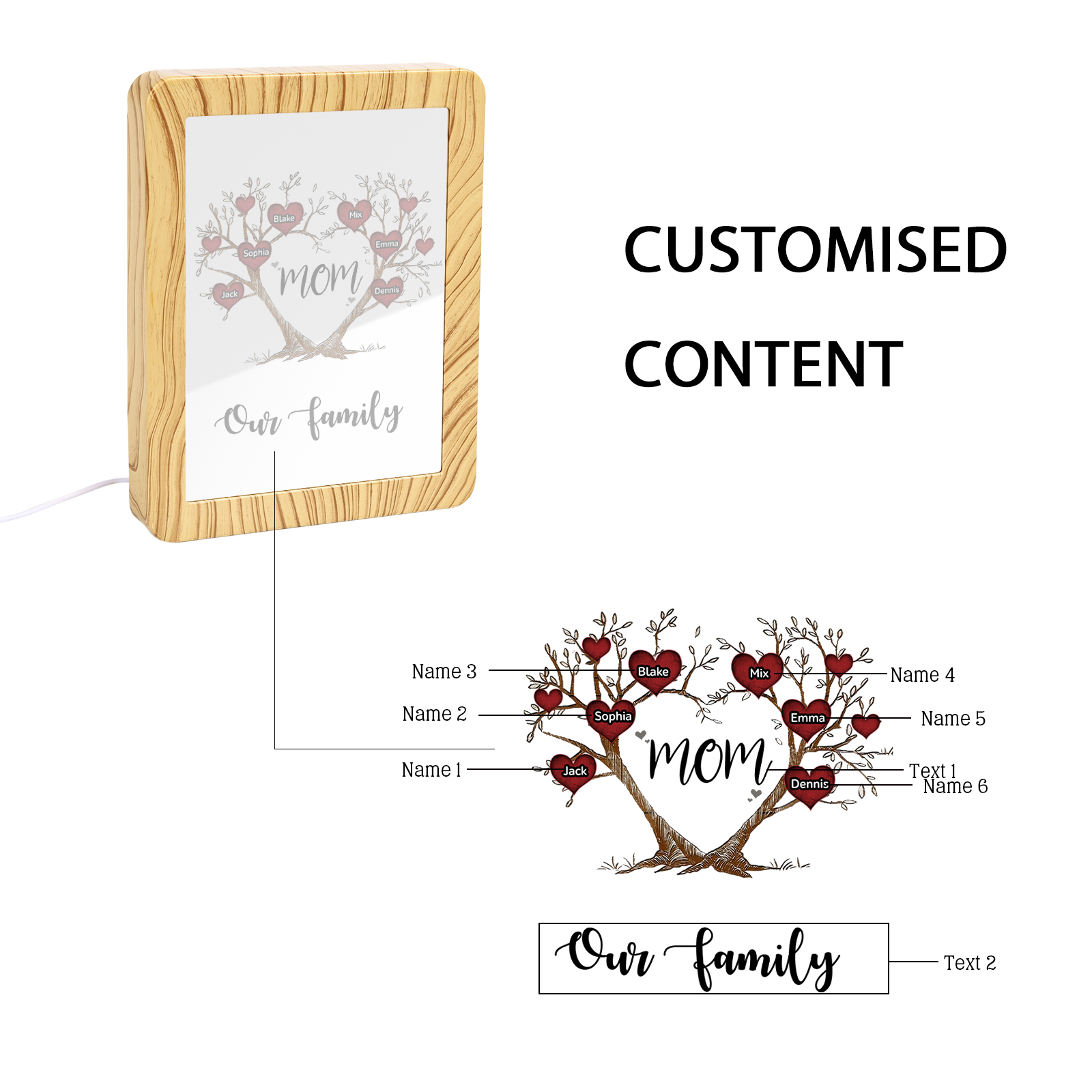 6 Names - Personalized Home Mirror Photo Frame Night Light Insert/Rechargeable Custom Text LED Night Light Gift for Mom