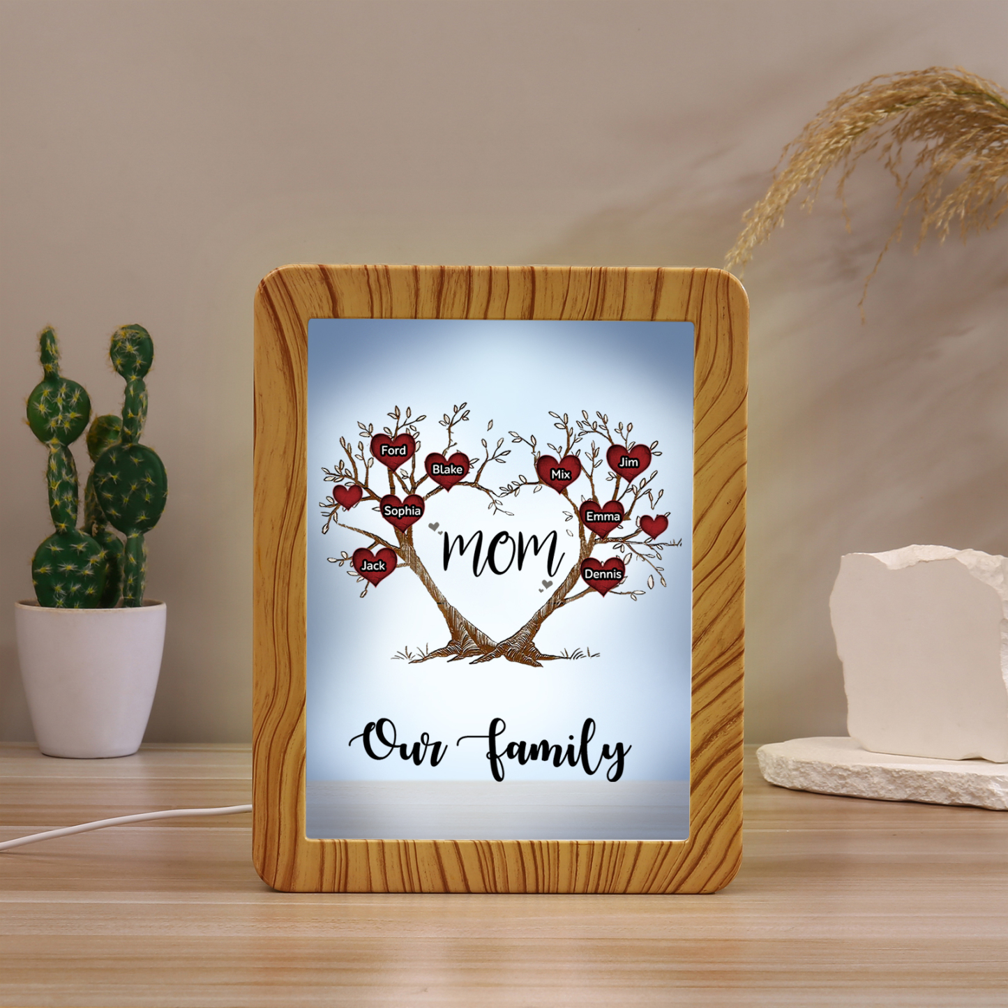 8 Names - Personalized Home Mirror Photo Frame Night Light Insert/Rechargeable Custom Text LED Night Light Gift for Mom