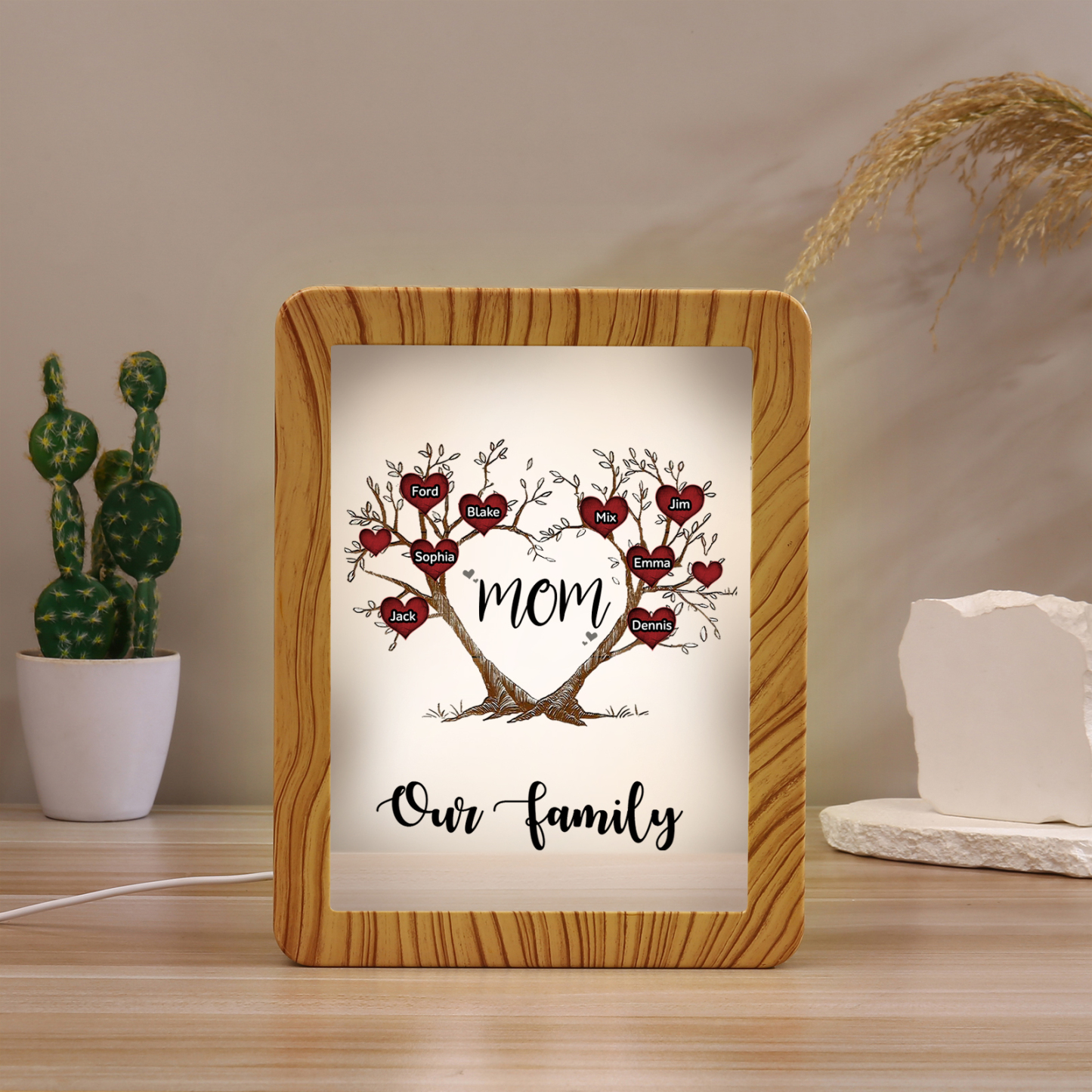 8 Names - Personalized Home Mirror Photo Frame Night Light Insert/Rechargeable Custom Text LED Night Light Gift for Mom