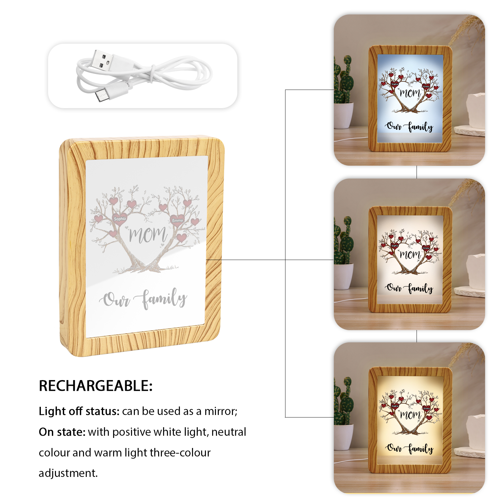 2 Names - Personalized Home Mirror Photo Frame Night Light Insert/Rechargeable Custom Text LED Night Light Gift for Mom