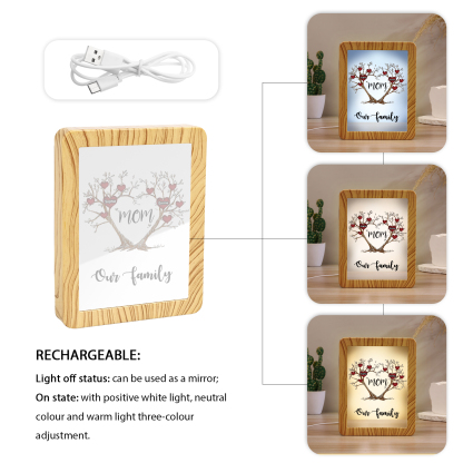 2 Names - Personalized Home Mirror Photo Frame Night Light Insert/Rechargeable Custom Text LED Night Light Gift for Mom
