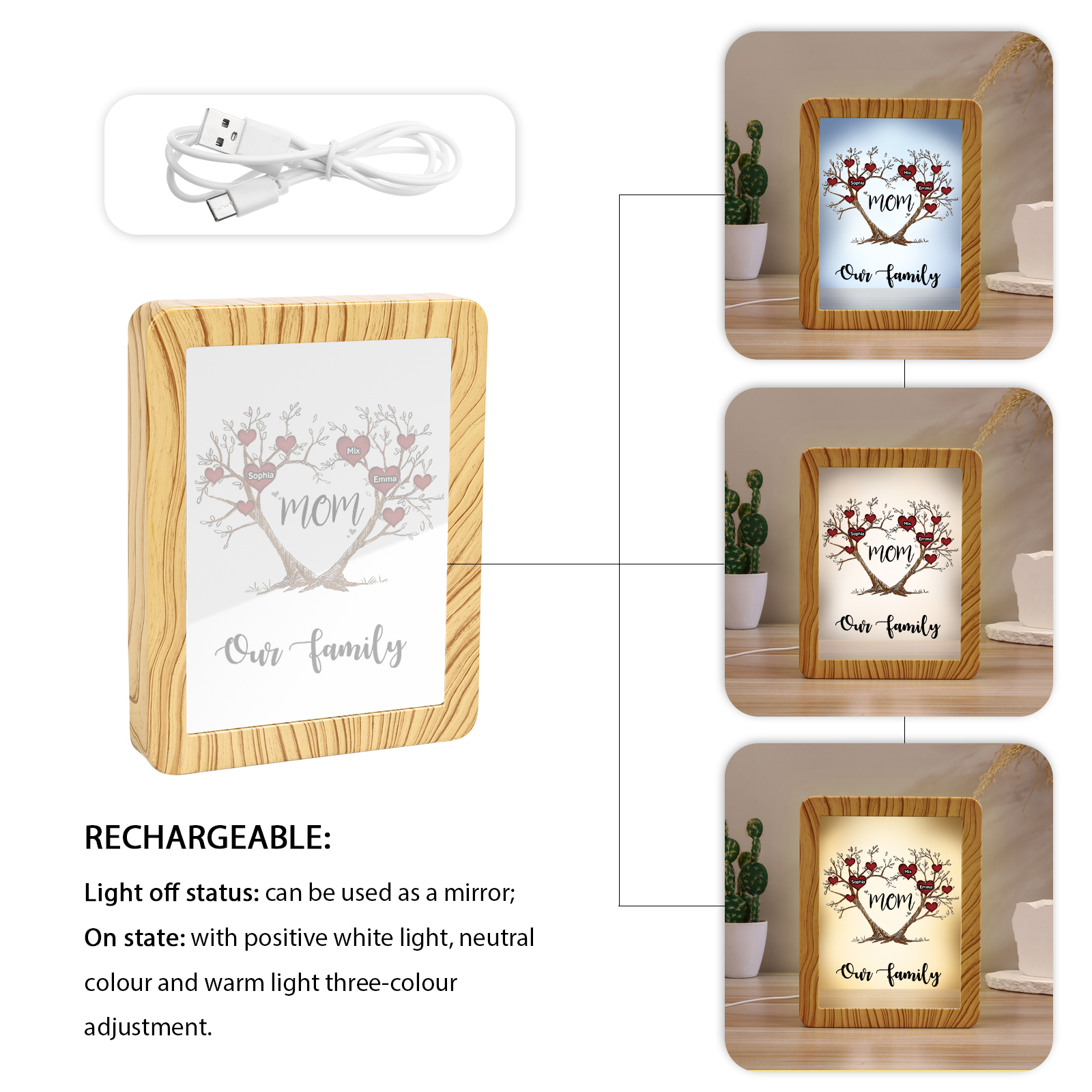 3 Names - Personalized Home Mirror Photo Frame Night Light Insert/Rechargeable Custom Text LED Night Light Gift for Mom