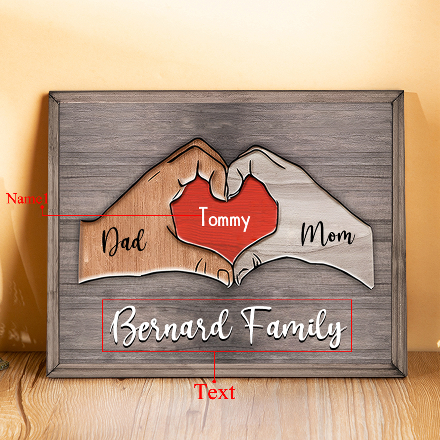 1 Name - Personalized Love Heart Customized Name and Text Wooden Ornament Father's Day Gift for Dad