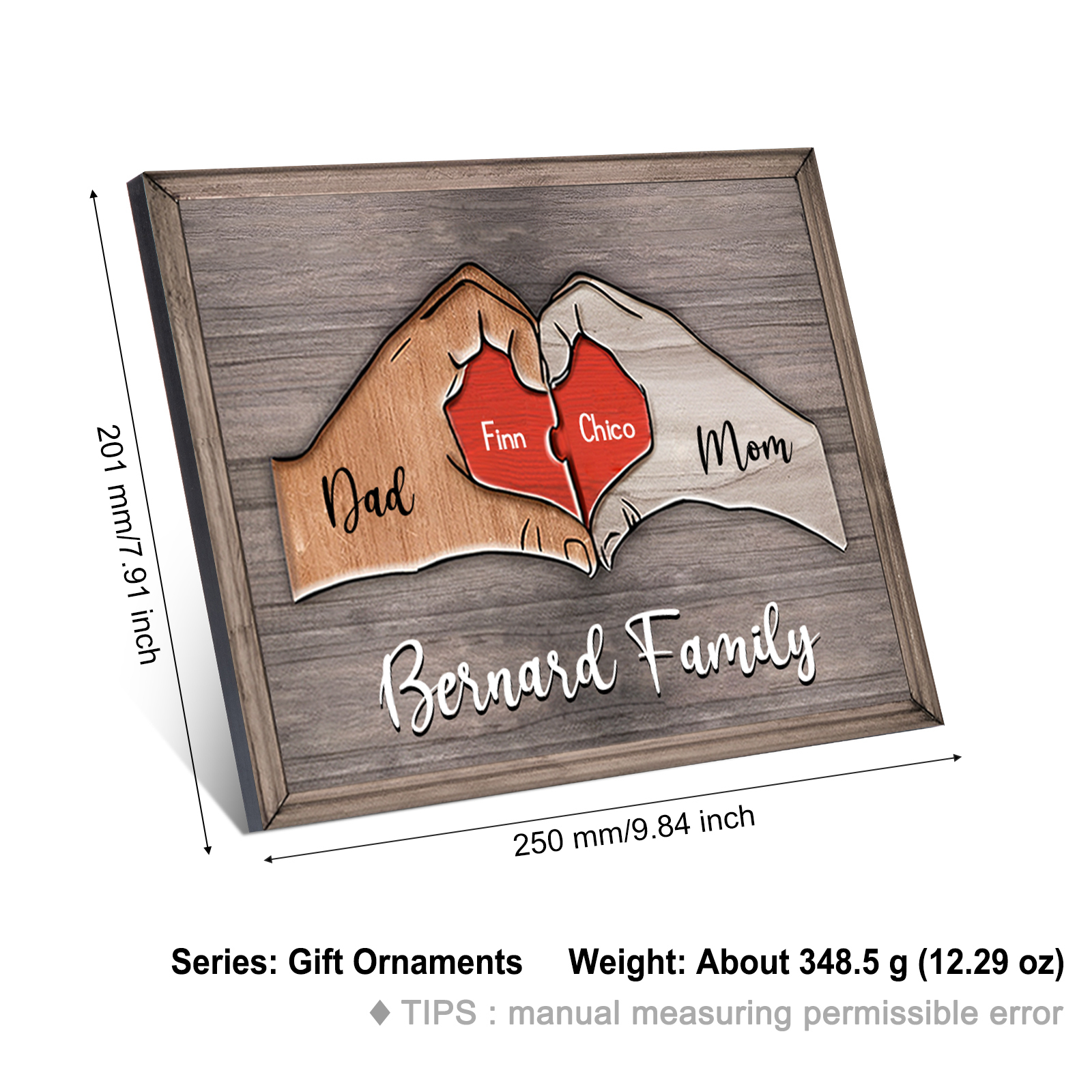 2 Names - Personalized Love Heart Customized Name and Text Wooden Ornament Father's Day Gift for Dad