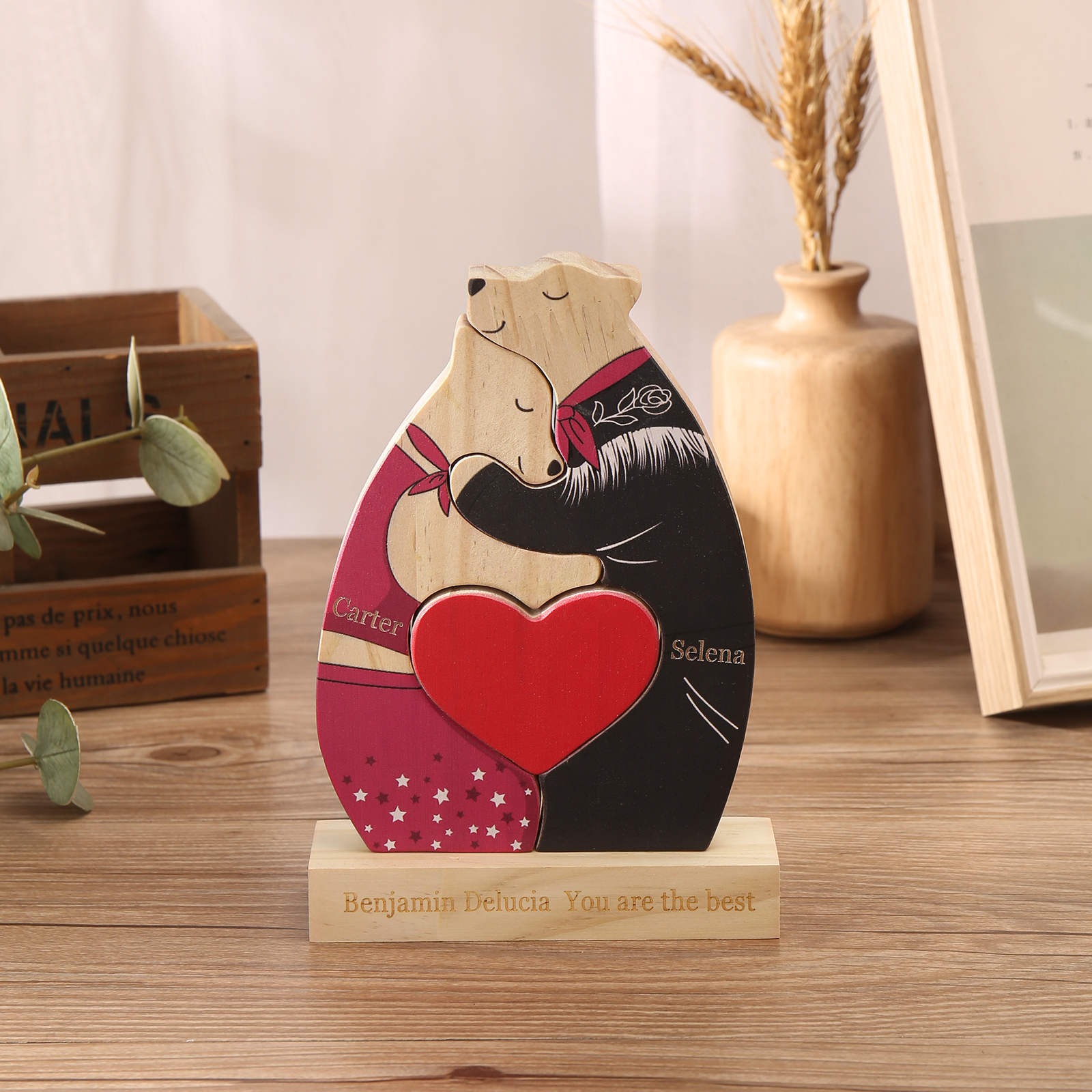 Personalized Wooden Couple Bears Puzzle with 2 Family Name - Custom Family Name Puzzle for Couple