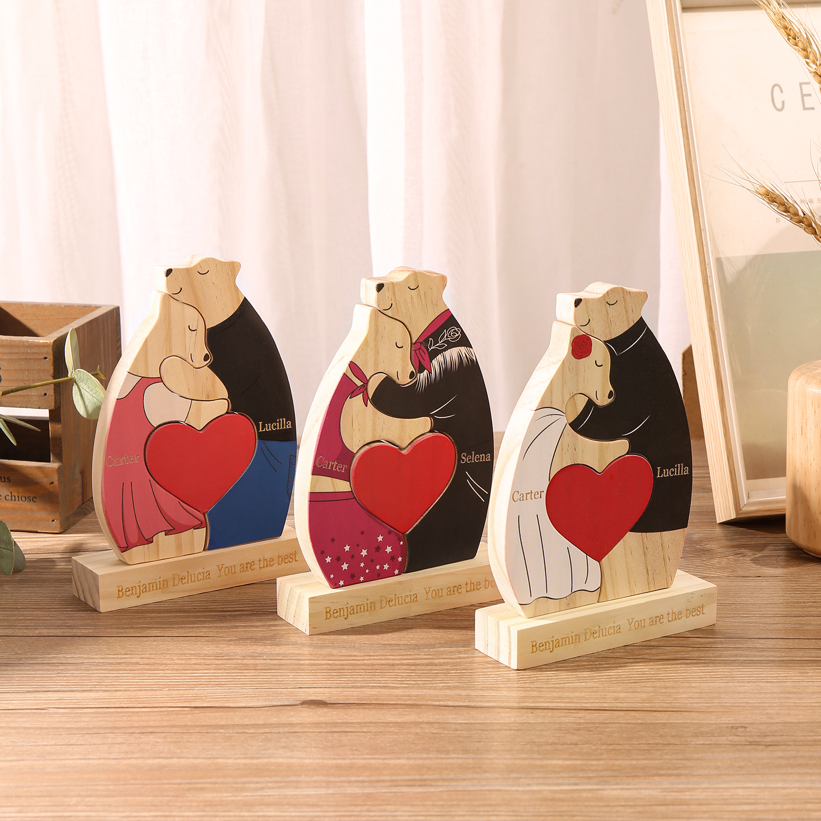 Personalized Wooden Couple Bears Puzzle with 2 Family Name - Custom Family Name Puzzle for Couple