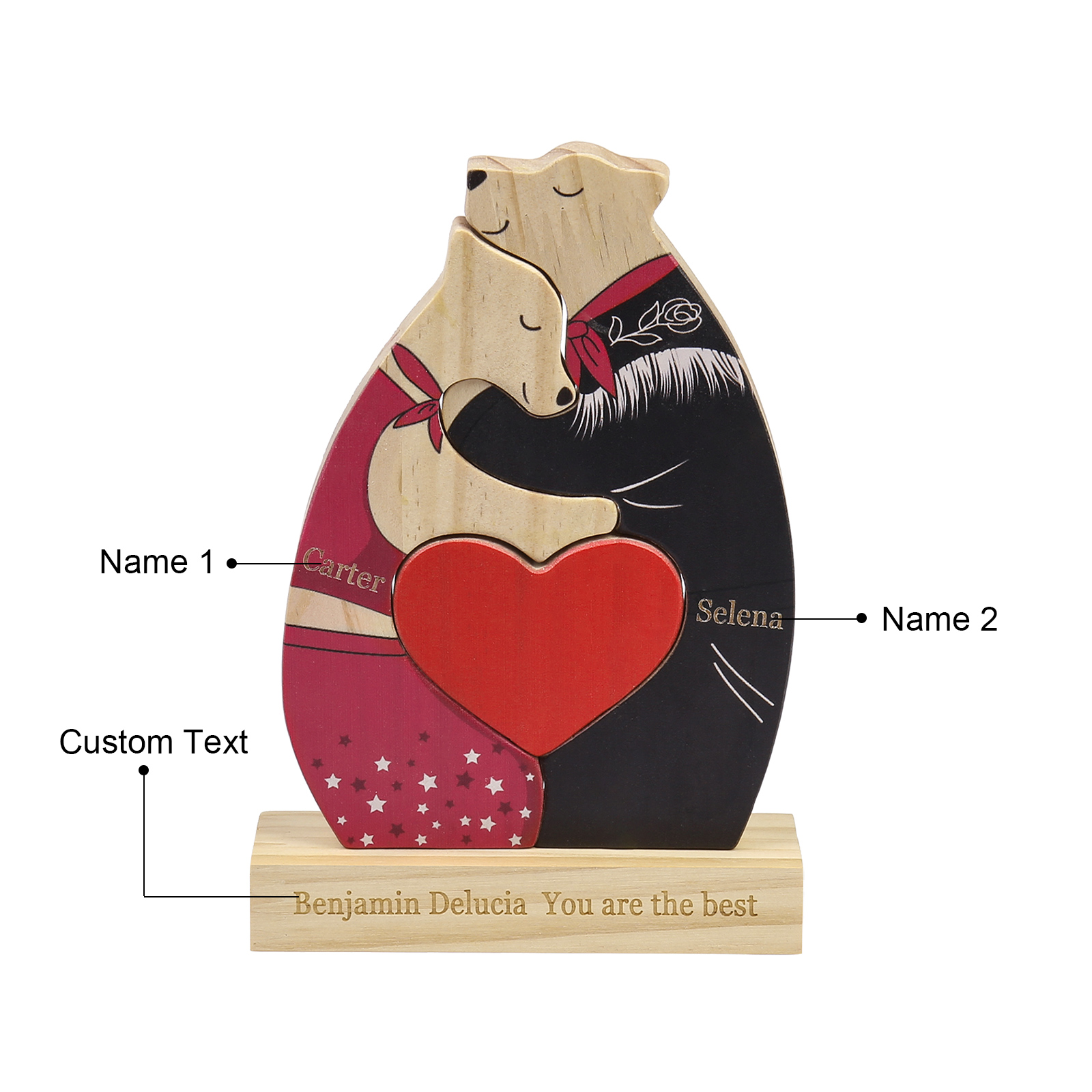 Personalized Wooden Couple Bears Puzzle with 2 Family Name - Custom Family Name Puzzle for Couple