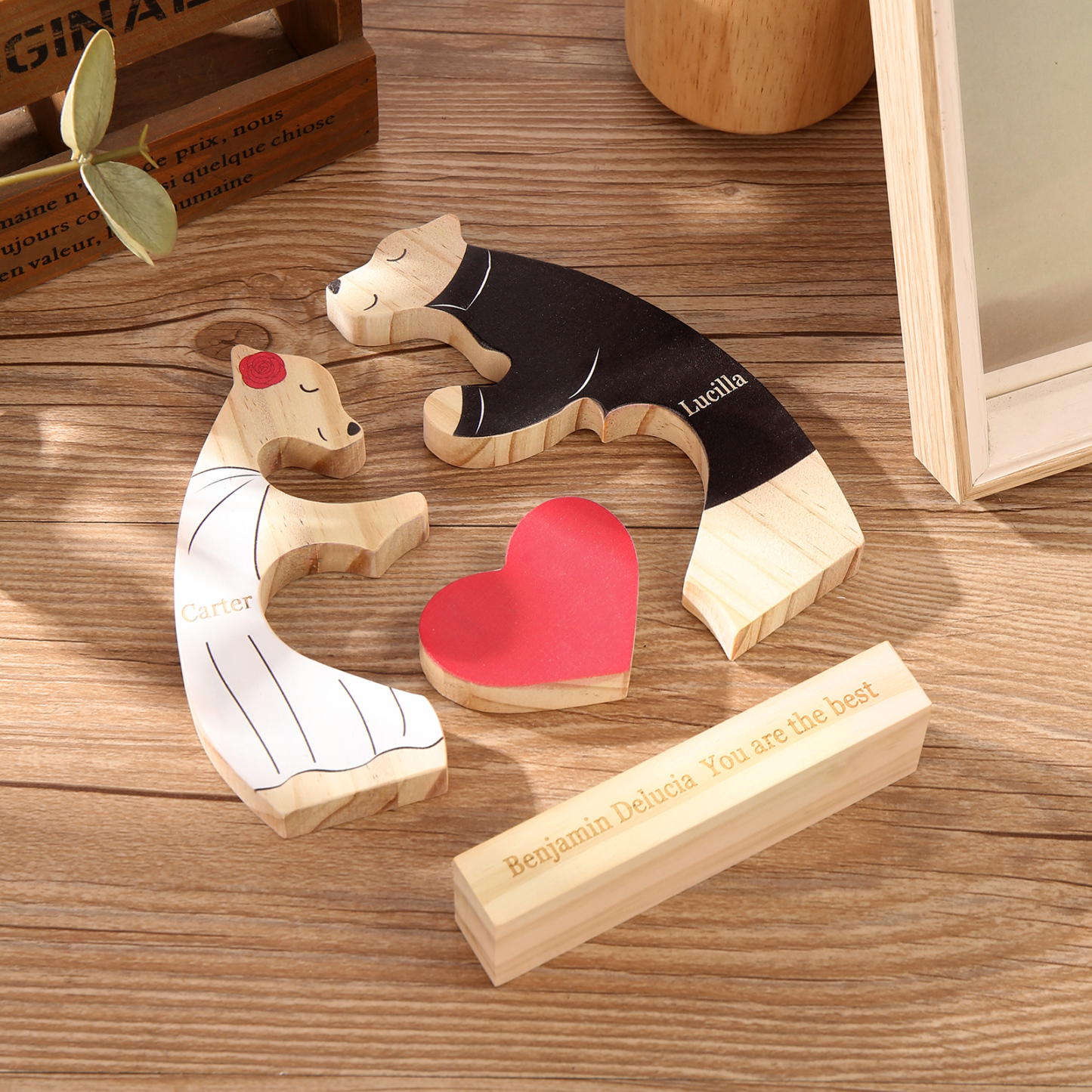 Personalized Wooden Couple Bears Puzzle with 2 Family Name - Custom Family Name Puzzle for Couple
