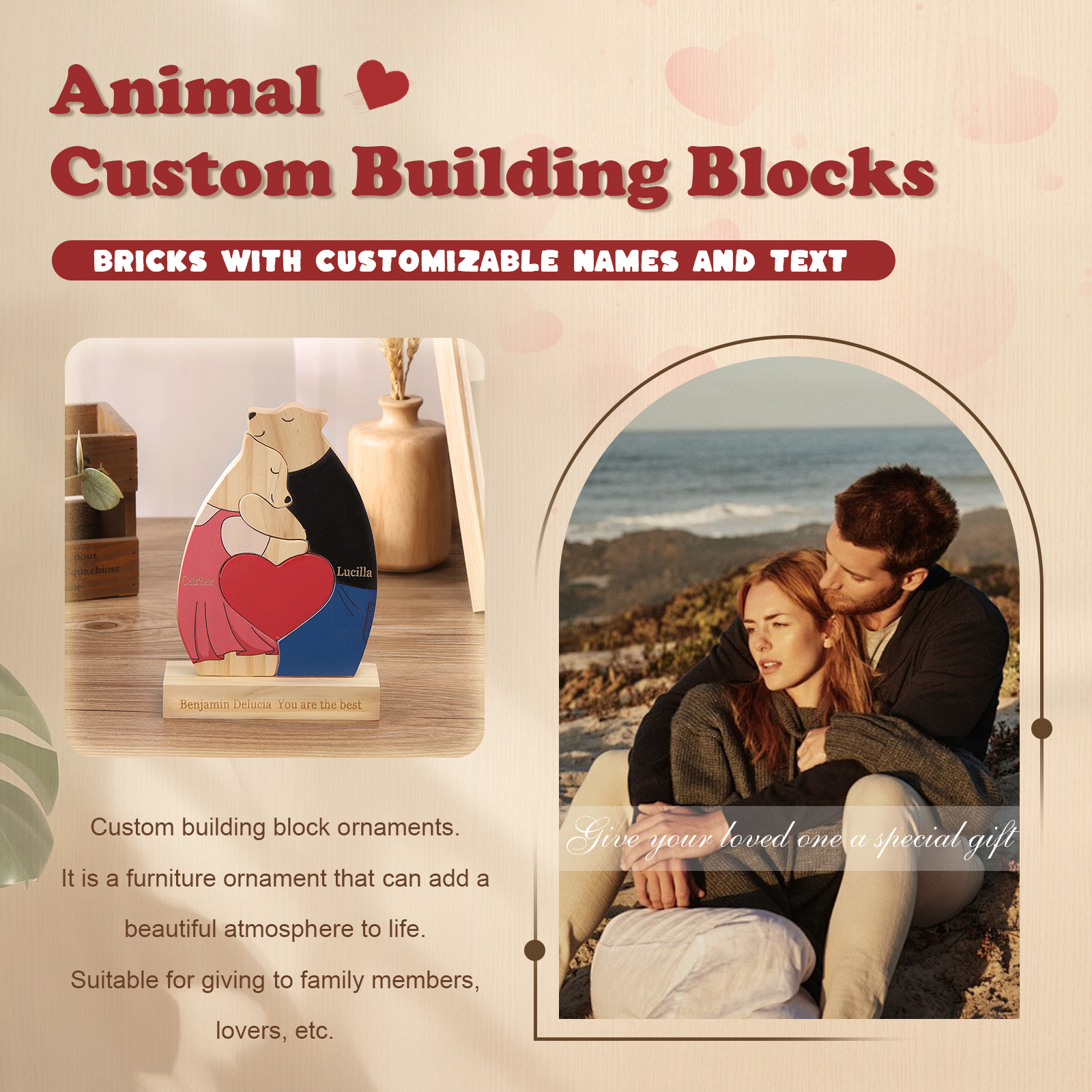 Personalized Wooden Couple Bears Puzzle with 2 Family Name - Custom Family Name Puzzle for Couple