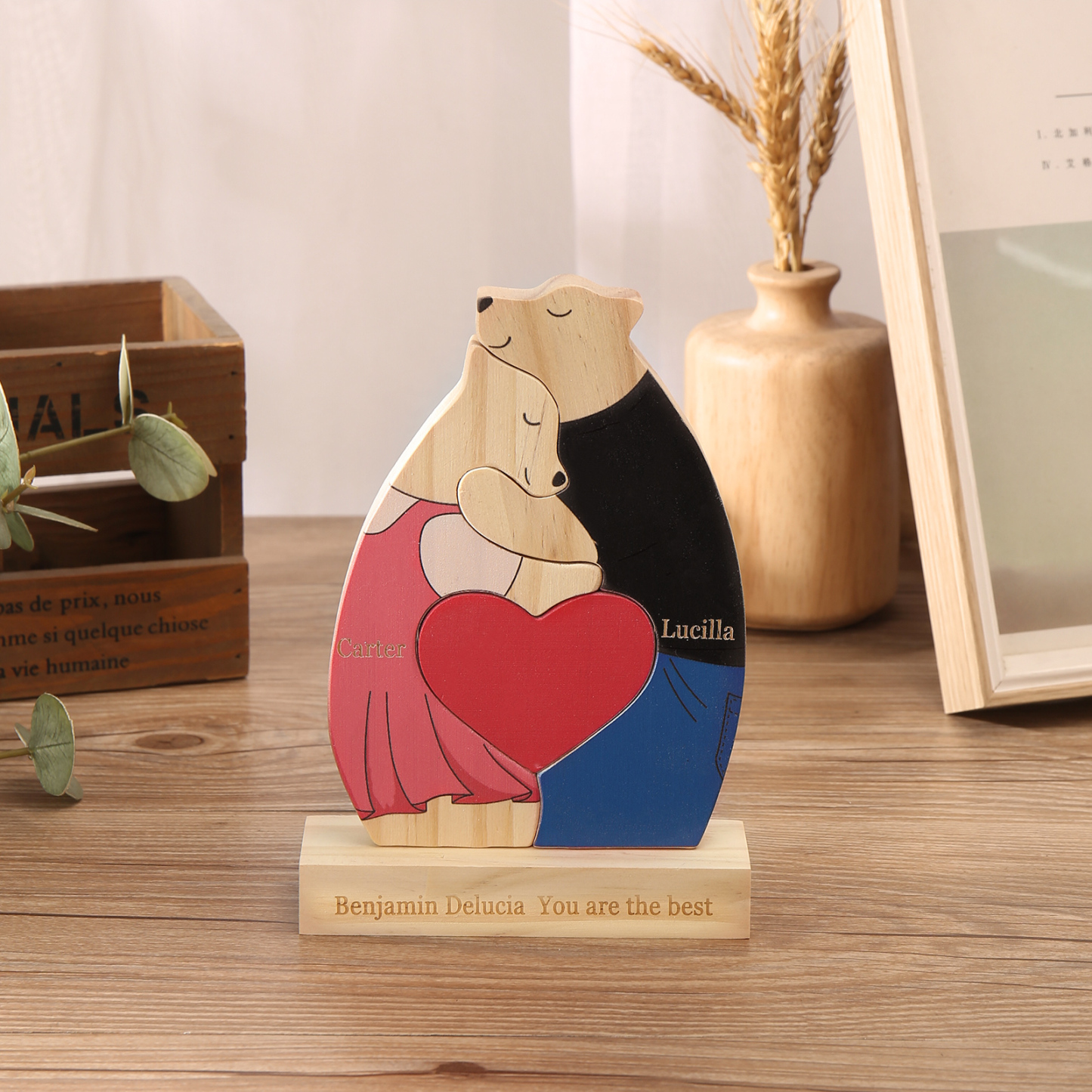 Personalized Wooden Couple Bears Puzzle with 2 Family Name - Custom Family Name Puzzle for Couple