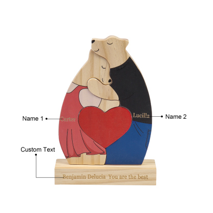 Personalized Wooden Couple Bears Puzzle with 2 Family Name - Custom Family Name Puzzle for Couple