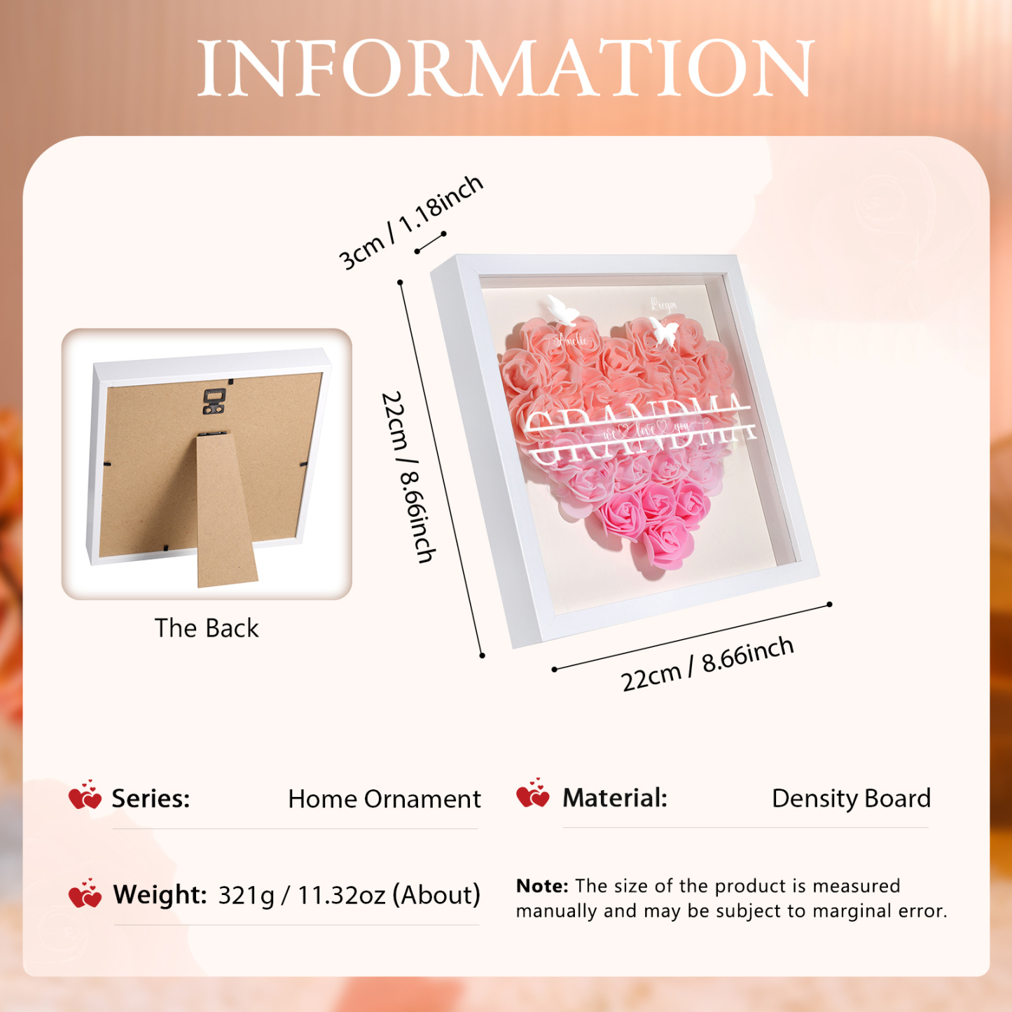 Personalized Flower Shadow Box Custom 2 Names & 1 Text Heart Rose Frame Decor Gift for Grandma | Jessmade