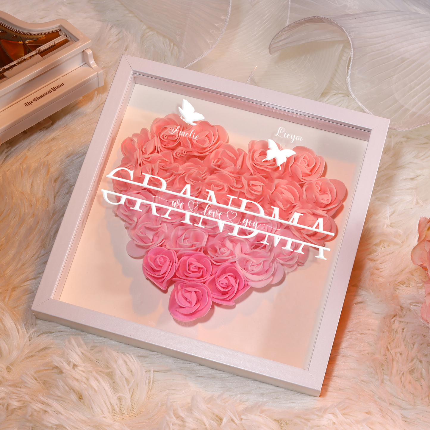Personalized Flower Shadow Box Custom 2 Names & 1 Text Heart Rose Frame Decor Gift for Grandma | Jessmade