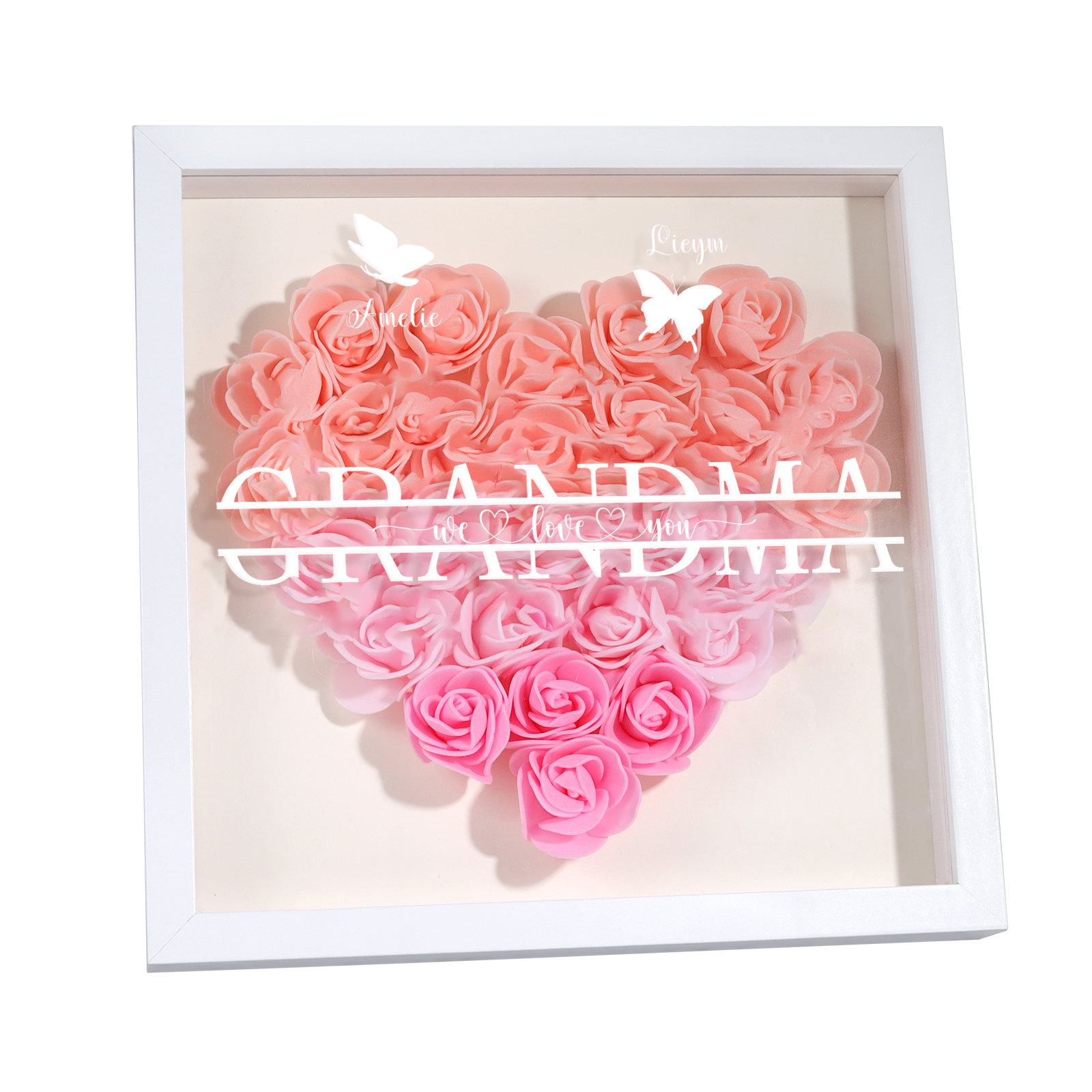 Personalized Flower Shadow Box Custom 2 Names & 1 Text Heart Rose Frame Decor Gift for Grandma | Jessmade