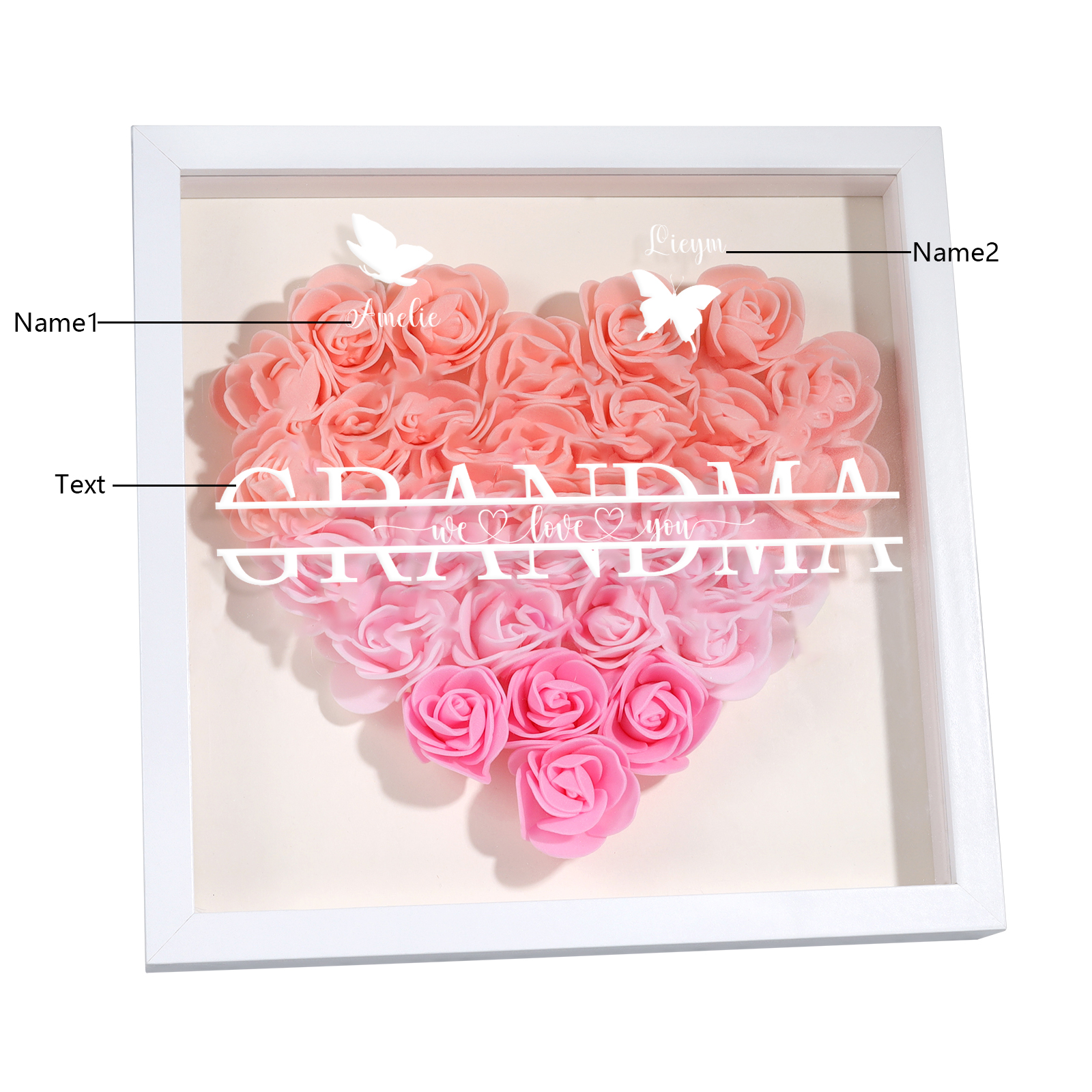Personalized Flower Shadow Box Custom 2 Names & 1 Text Heart Rose Frame Decor Gift for Grandma | Jessmade