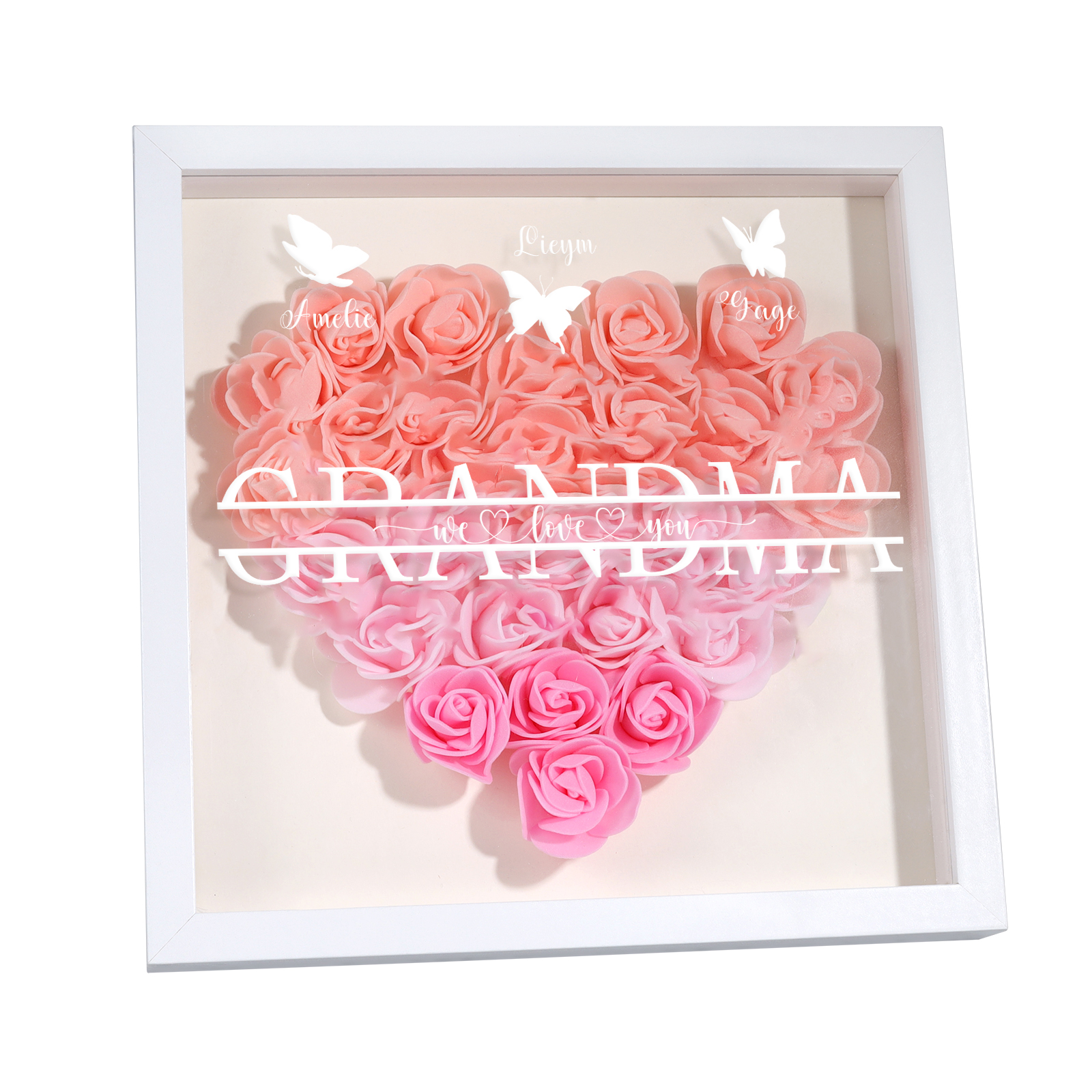 Personalized Flower Shadow Box Custom 3 Names & 1 Text Heart Rose Frame Decor Gift for Grandma | Jessmade