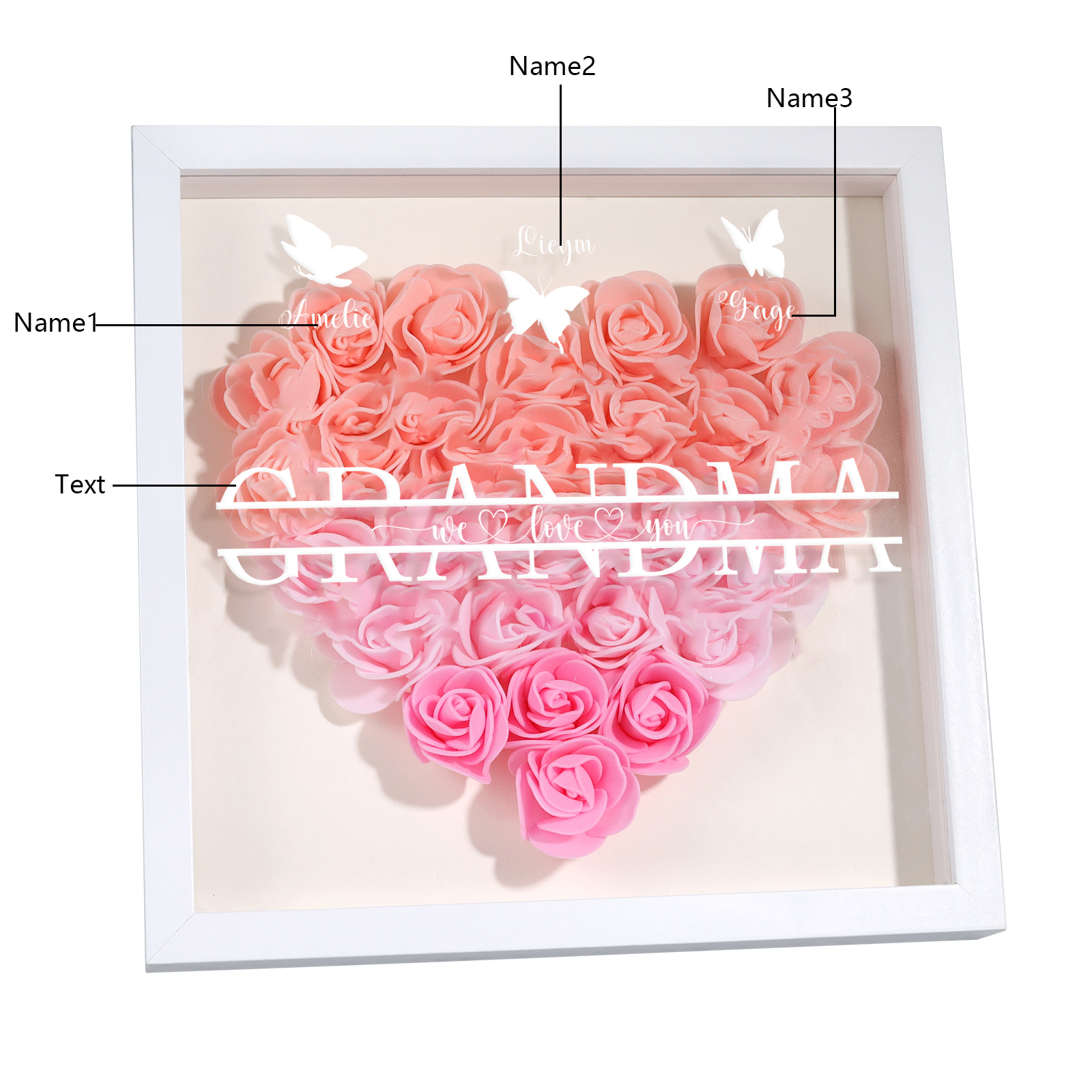 Personalized Flower Shadow Box Custom 3 Names & 1 Text Heart Rose Frame Decor Gift for Grandma | Jessmade