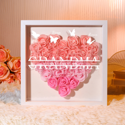 Personalized Flower Shadow Box Custom 4 Names & 1 Text Heart Rose Fram