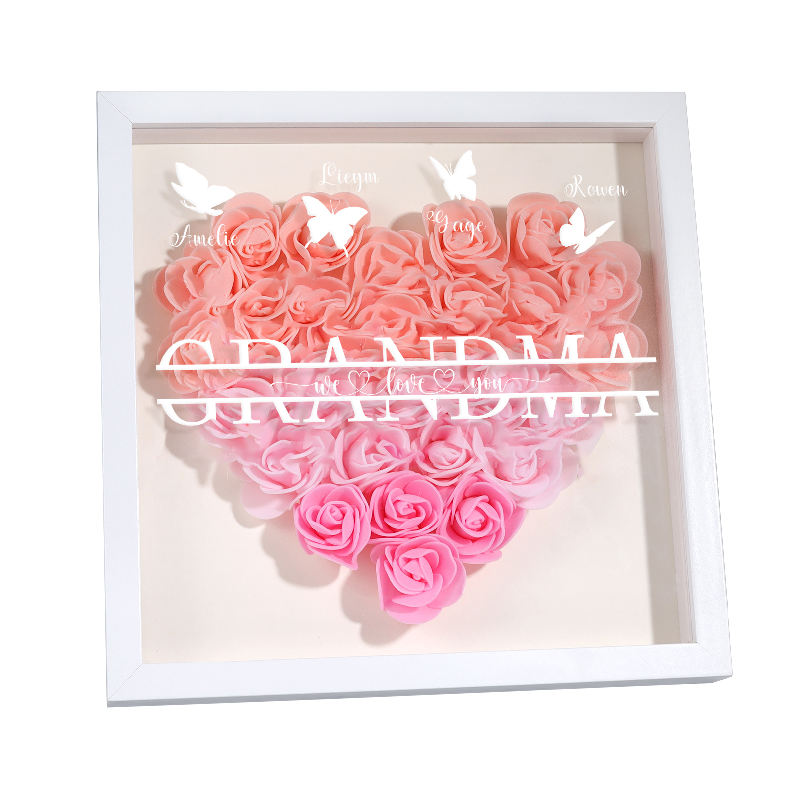 Personalized Flower Shadow Box Custom 4 Names & 1 Text Heart Rose Frame Decor Gift for Grandma | Jessmade