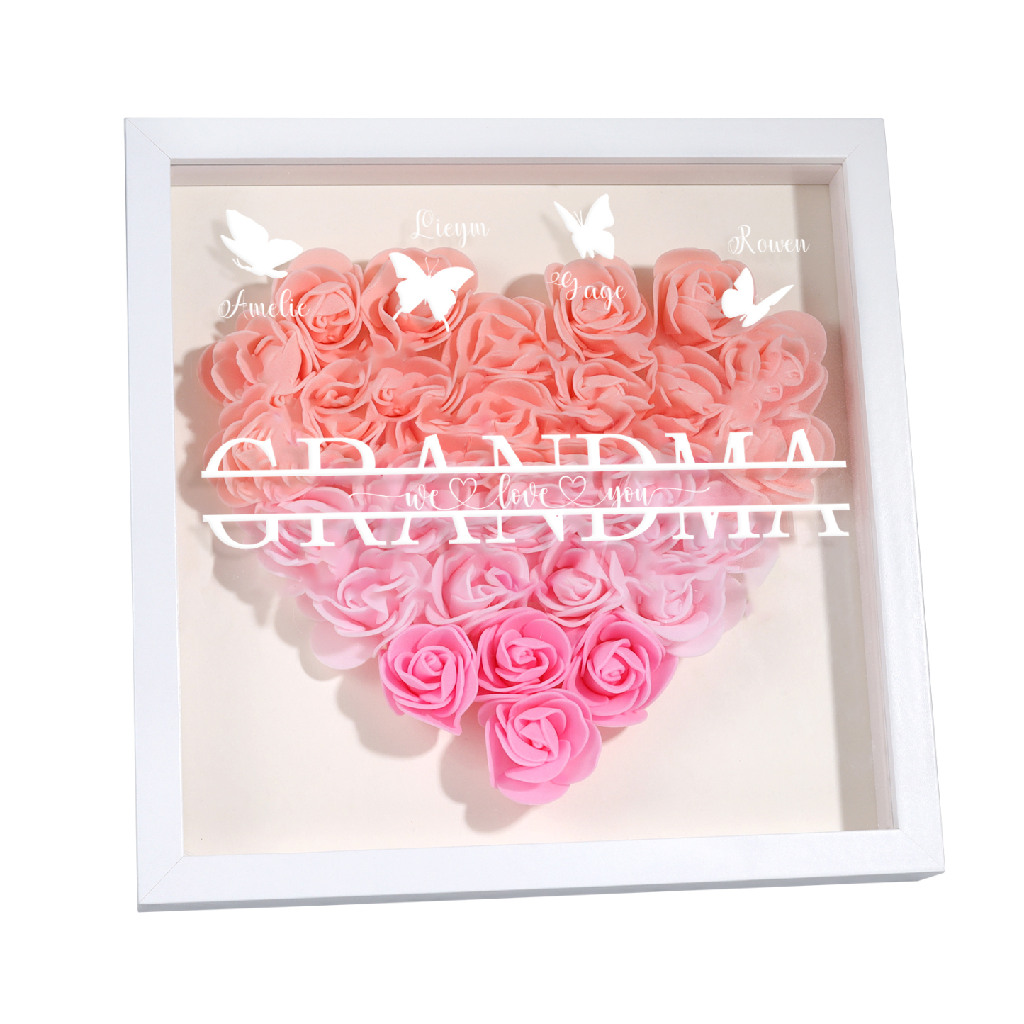Personalized Flower Shadow Box Custom 4 Names & 1 Text Heart Rose Frame Decor Gift for Grandma | Jessmade