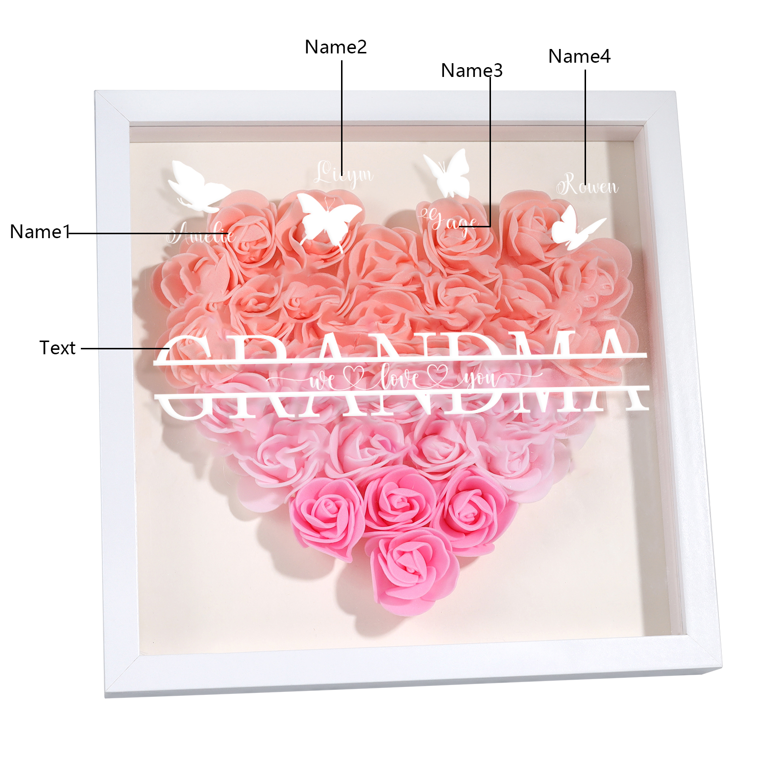 Personalized Flower Shadow Box Custom 4 Names & 1 Text Heart Rose Frame Decor Gift for Grandma | Jessmade