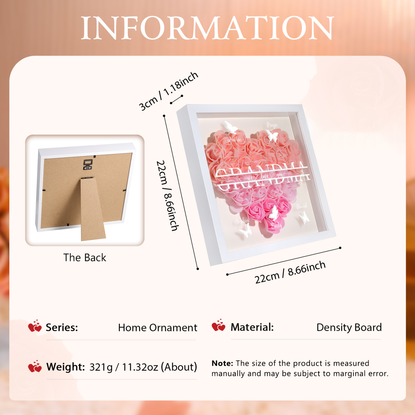 Personalized Flower Shadow Box Custom 5 Names & 1 Text Heart Rose Frame Decor Gift for Grandma | Jessmade