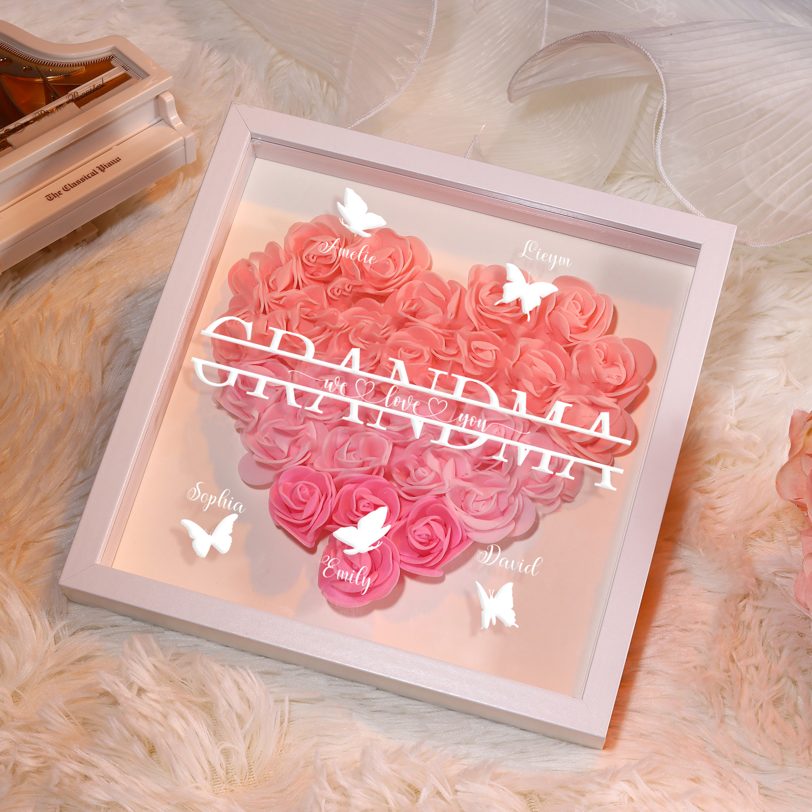 Personalized Flower Shadow Box Custom 5 Names & 1 Text Heart Rose Frame Decor Gift for Grandma | Jessmade