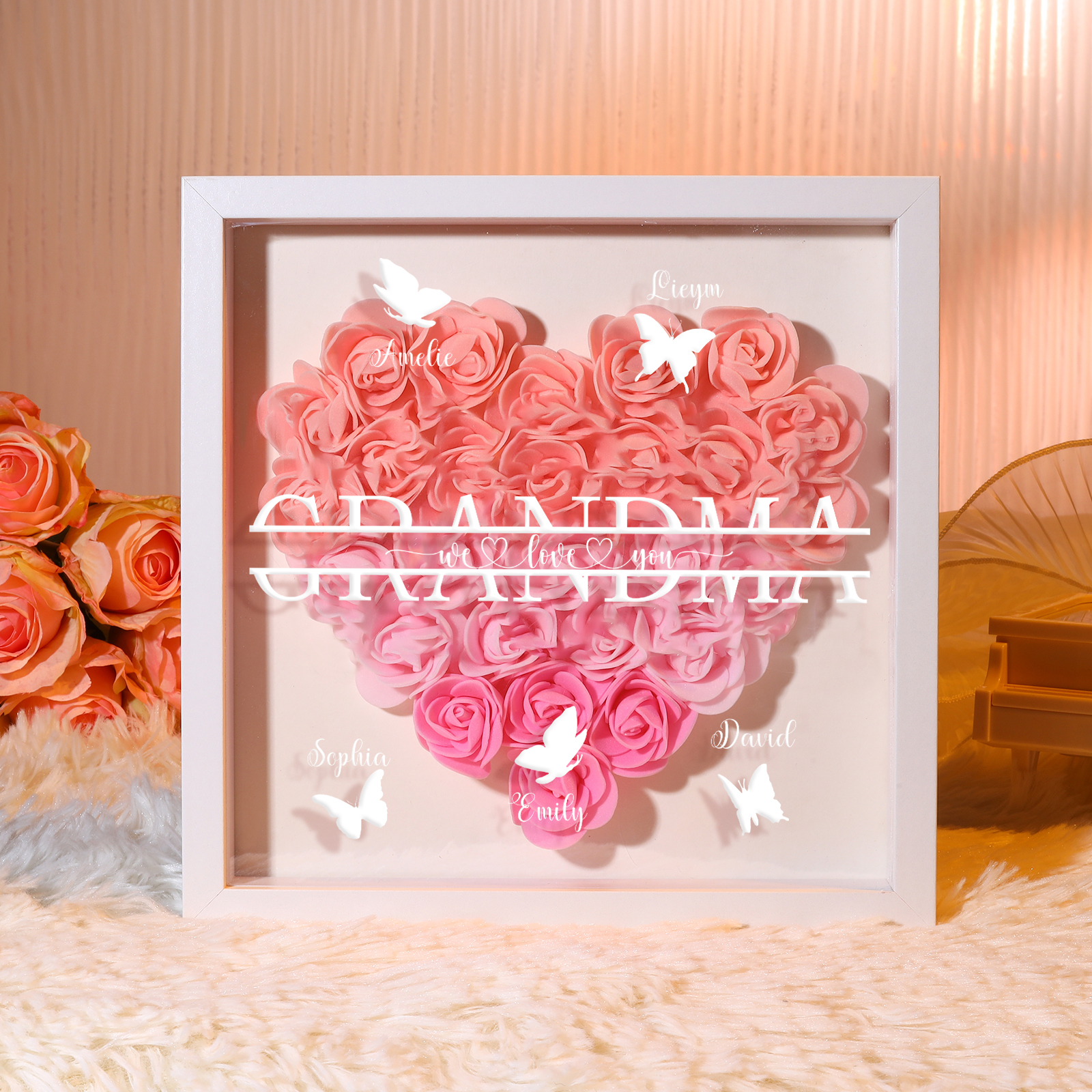 Personalized Flower Shadow Box Custom 5 Names & 1 Text Heart Rose Frame Decor Gift for Grandma | Jessmade