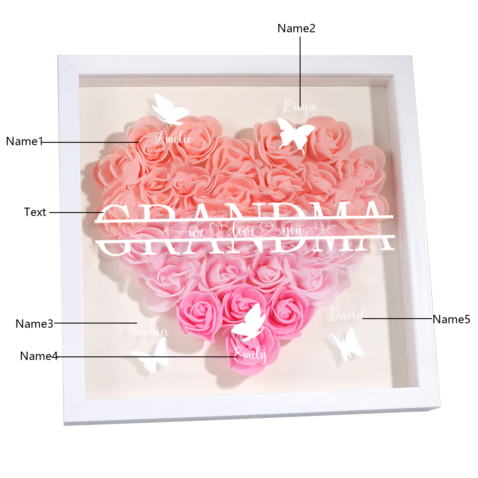 Personalized Flower Shadow Box Custom 5 Names & 1 Text Heart Rose Frame Decor Gift for Grandma | Jessmade