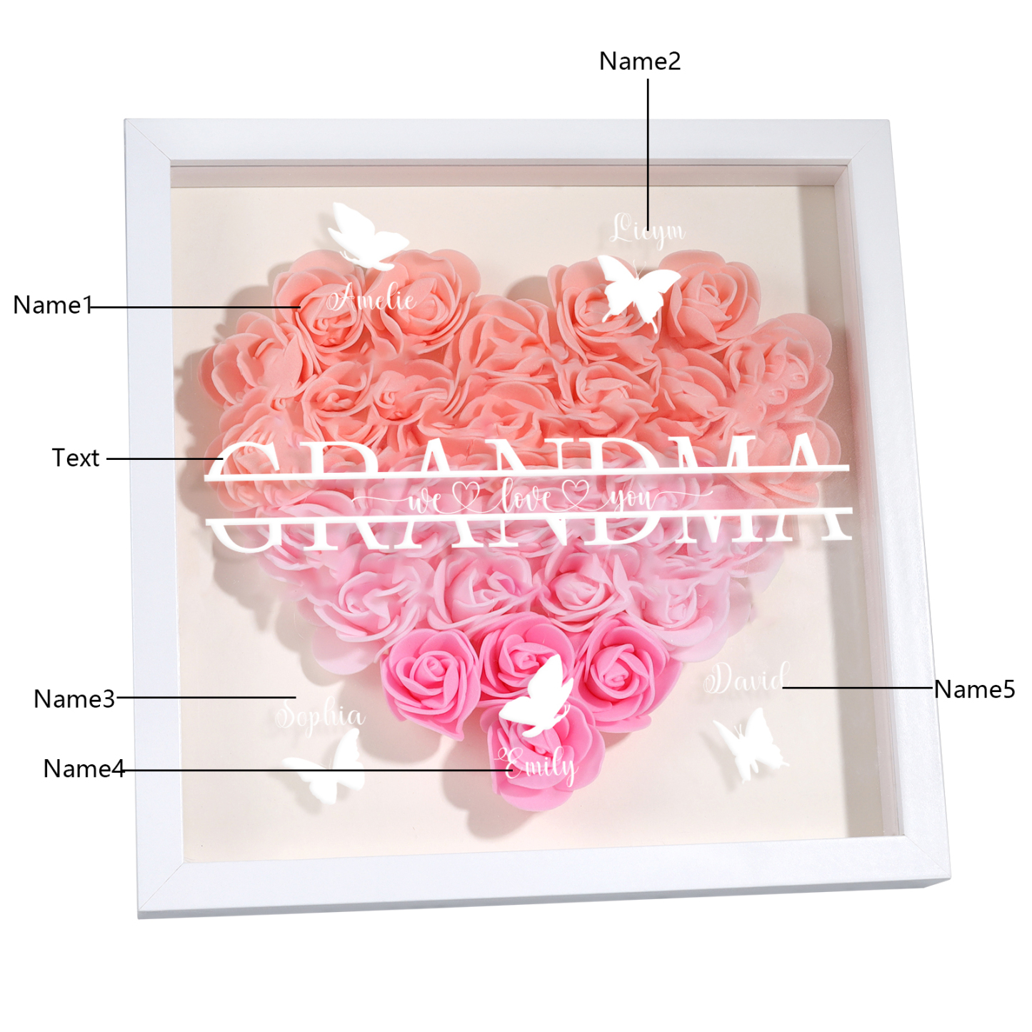 Personalized Flower Shadow Box Custom 5 Names & 1 Text Heart Rose Frame Decor Gift for Grandma | Jessmade