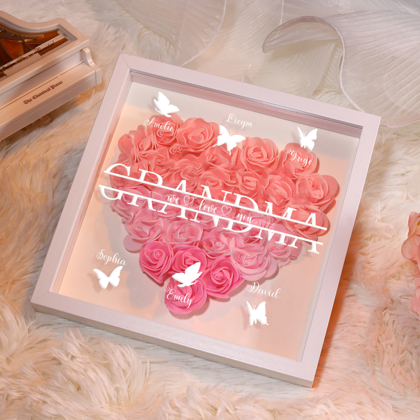 Personalized Flower Shadow Box Custom 6 Names & 1 Text Heart Rose Frame Decor Gift for Grandma | Jessmade