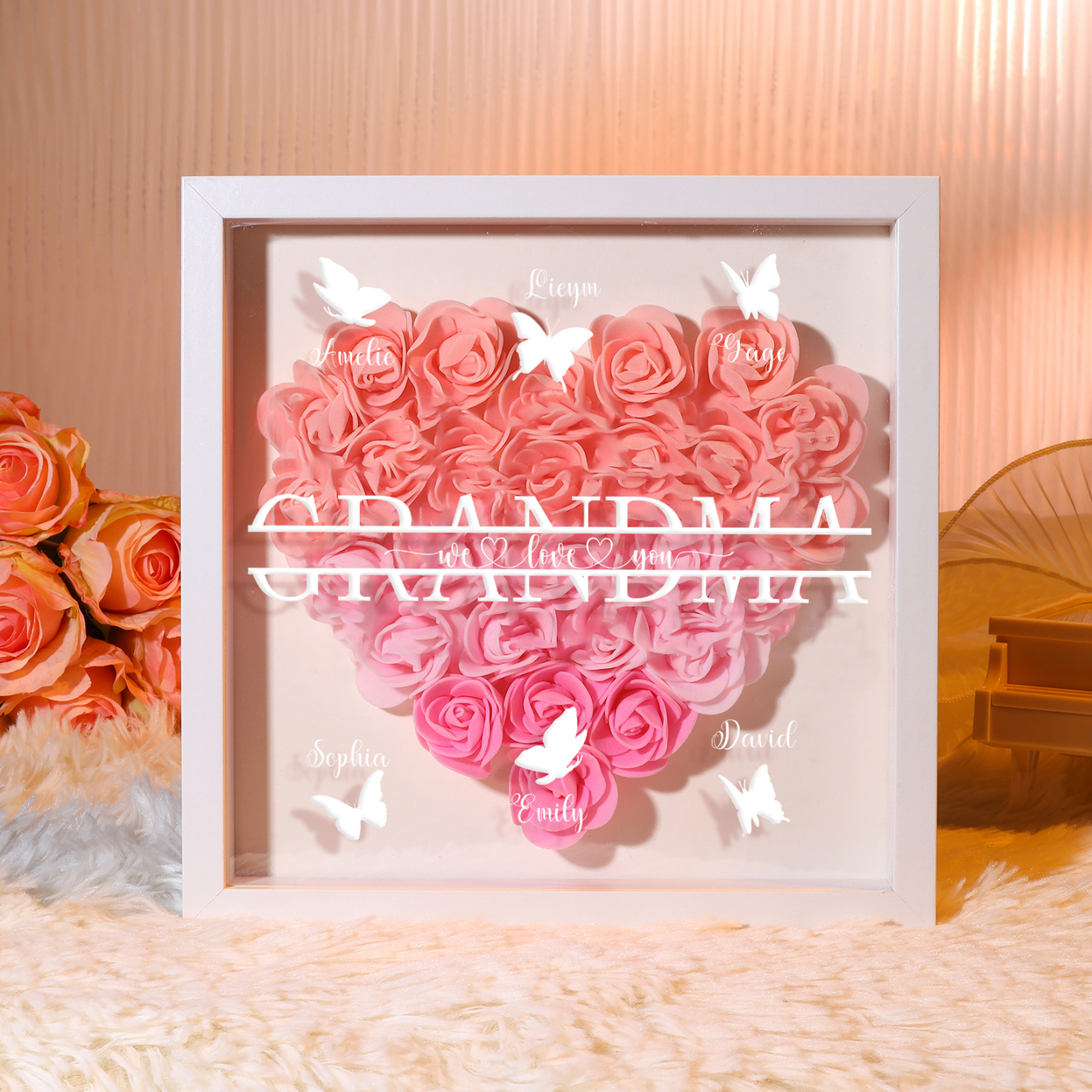 Personalized Flower Shadow Box Custom 6 Names & 1 Text Heart Rose Fram