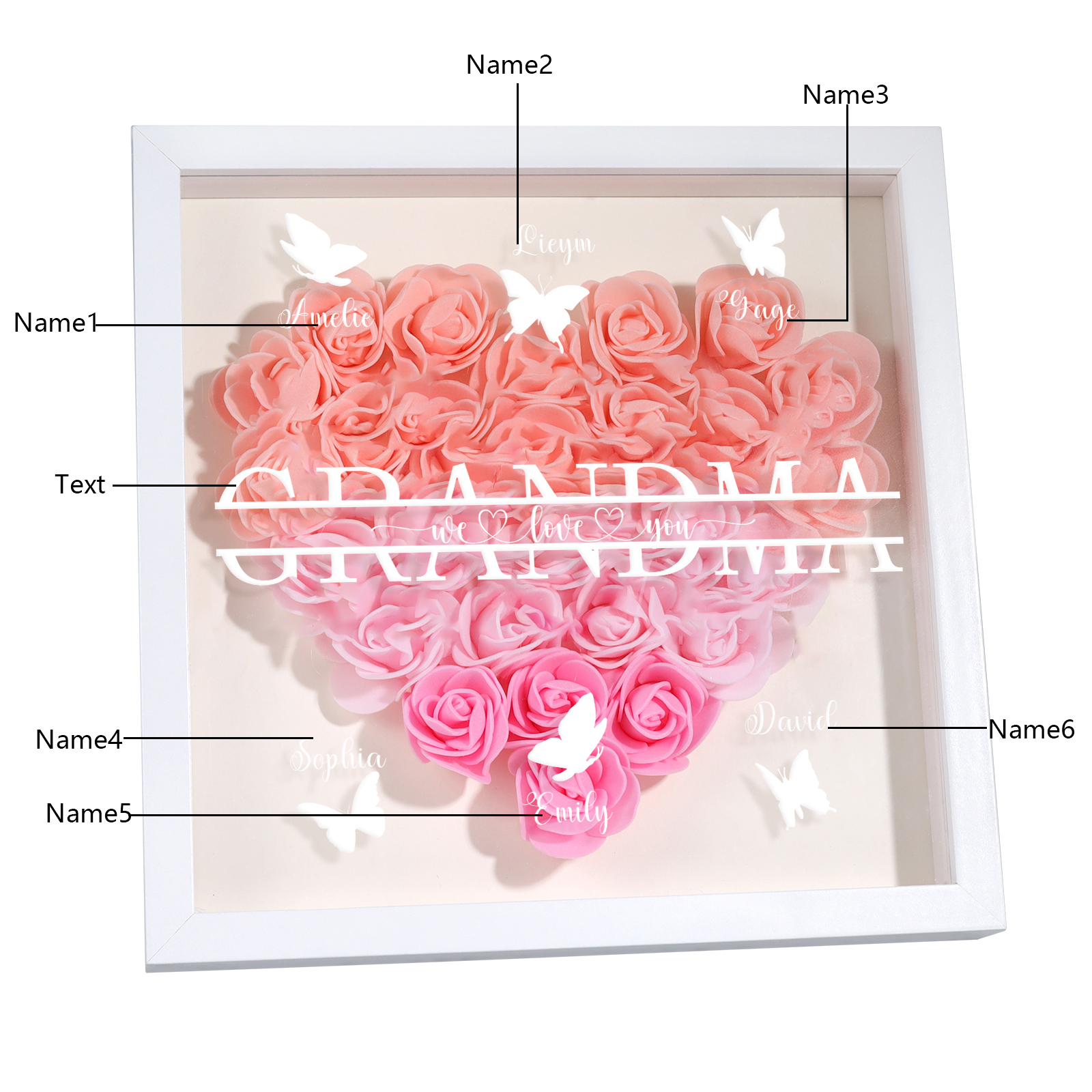 Personalized Flower Shadow Box Custom 6 Names & 1 Text Heart Rose Frame Decor Gift for Grandma | Jessmade