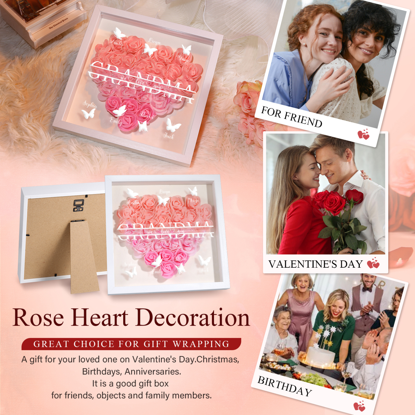Personalized Flower Shadow Box Custom 7 Names & 1 Text Heart Rose Frame Decor Gift for Grandma | Jessmade