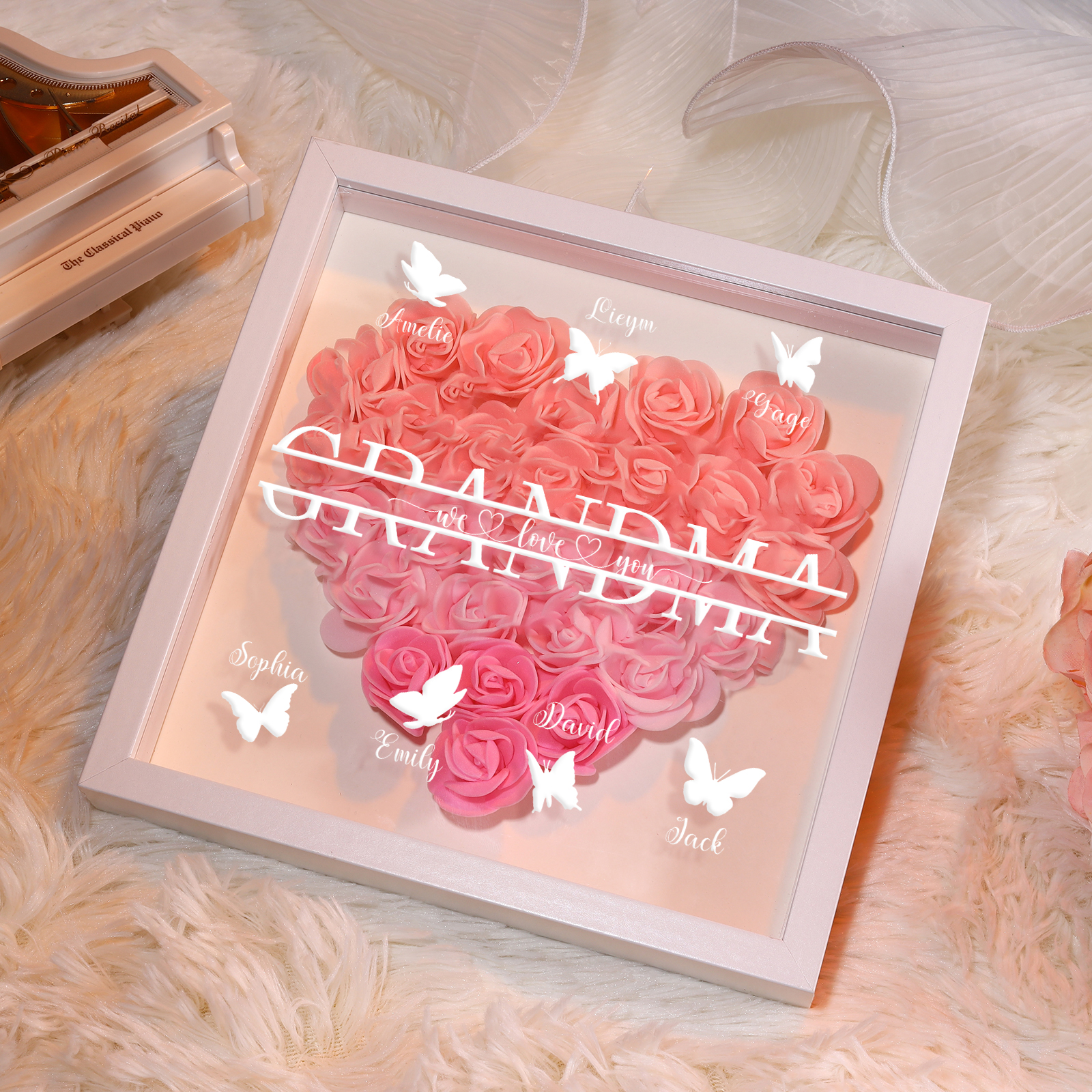 Personalized Flower Shadow Box Custom 7 Names & 1 Text Heart Rose Frame Decor Gift for Grandma | Jessmade