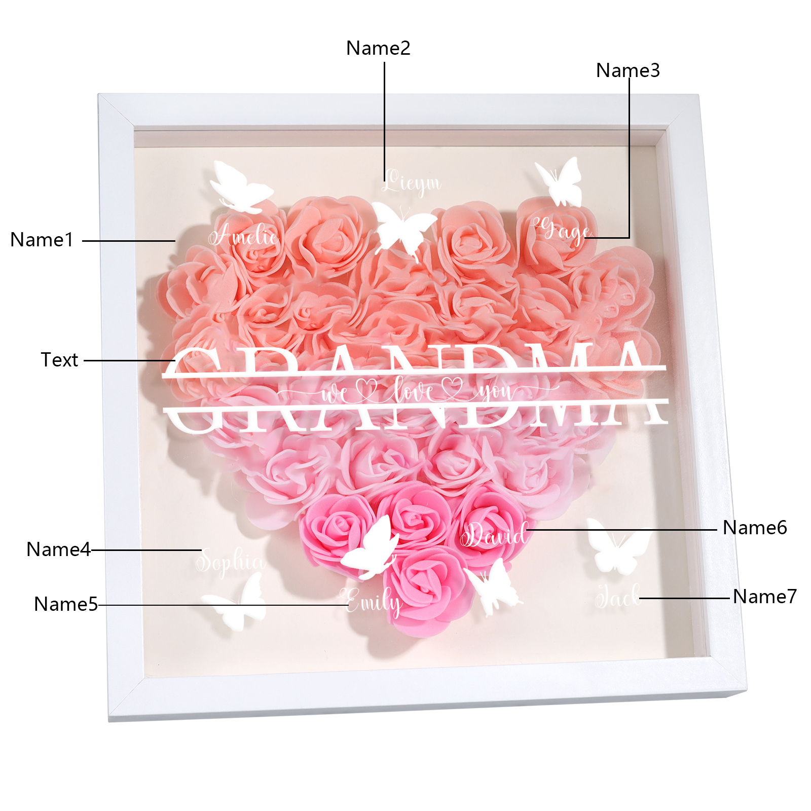 Personalized Flower Shadow Box Custom 7 Names & 1 Text Heart Rose Frame Decor Gift for Grandma | Jessmade
