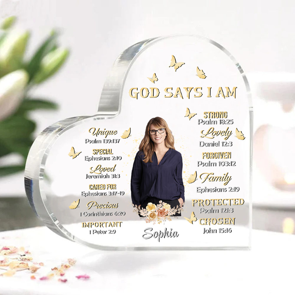 God Says I Am-Acrylic Christian Gifts Bible Verse Prayers Religious Gifts-Acrylic Flower Heart Keepsake Desktop Ornament