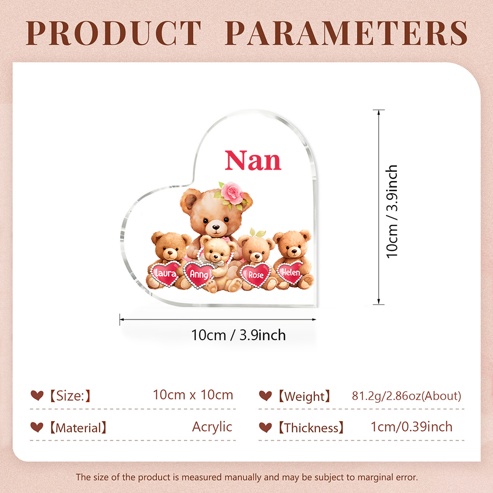 4 Names-Personalized Bear Acrylic Heart Keepsake Custom Text Acrylic Plaque Ornaments Gifts for Nana