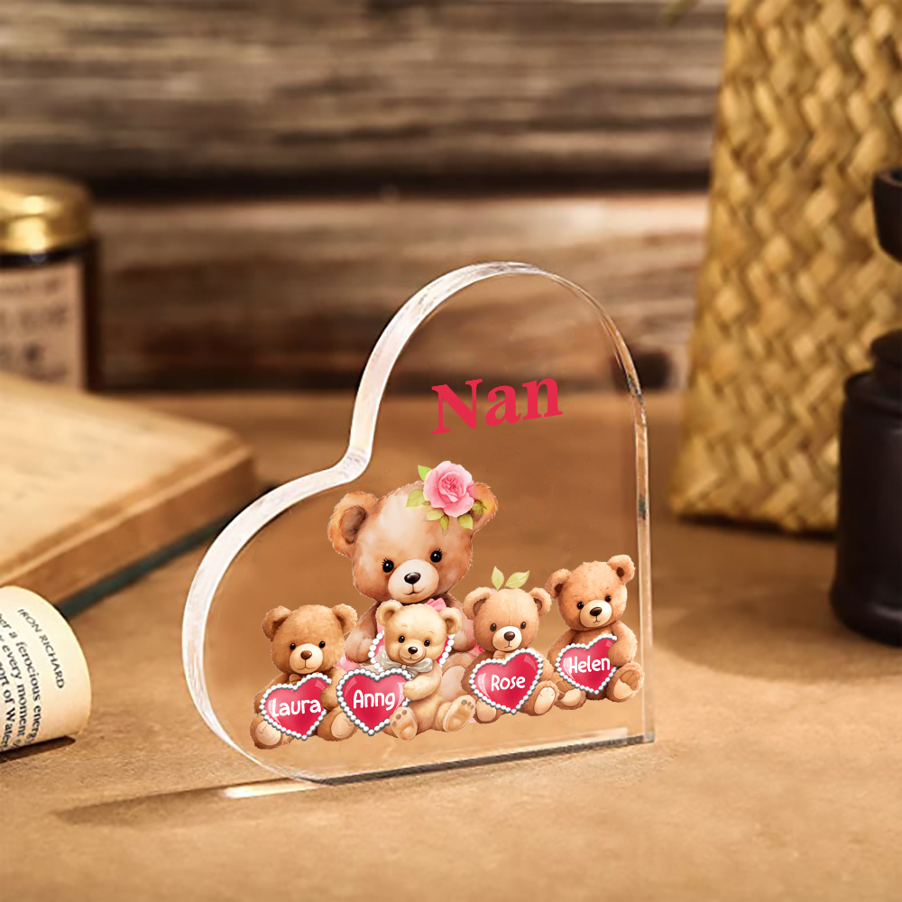 4 Names-Personalized Bear Acrylic Heart Keepsake Custom Text Acrylic Plaque Ornaments Gifts for Nana