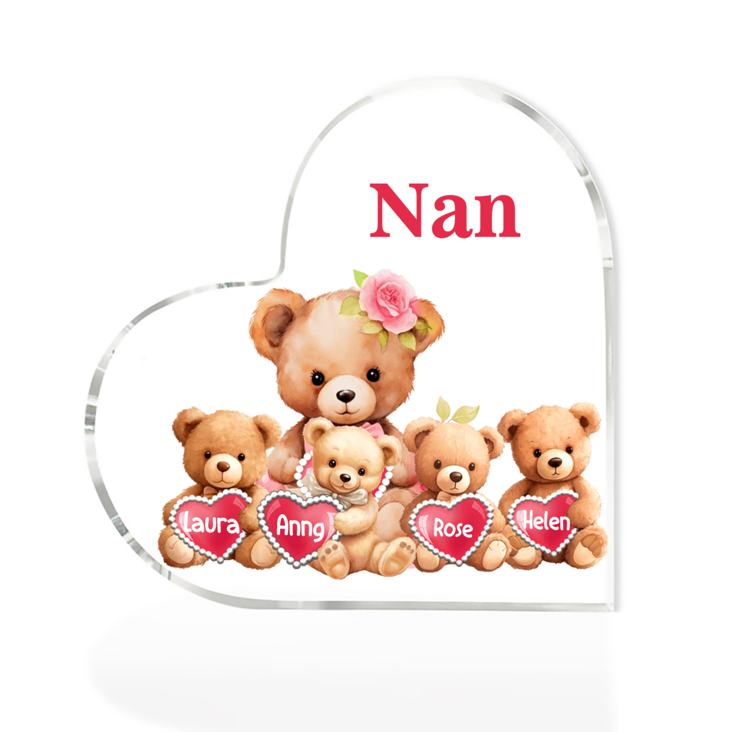 4 Names-Personalized Bear Acrylic Heart Keepsake Custom Text Acrylic Plaque Ornaments Gifts for Nana