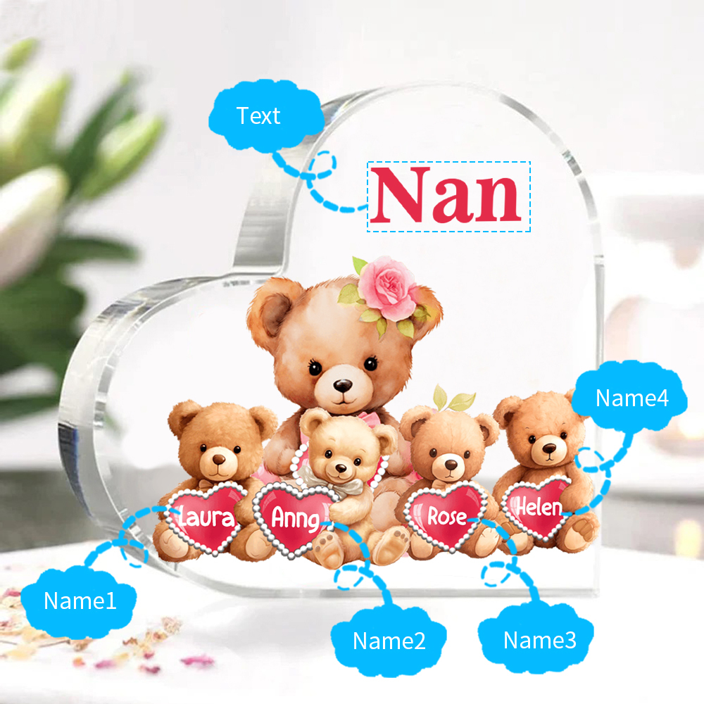 4 Names-Personalized Bear Acrylic Heart Keepsake Custom Text Acrylic Plaque Ornaments Gifts for Nana