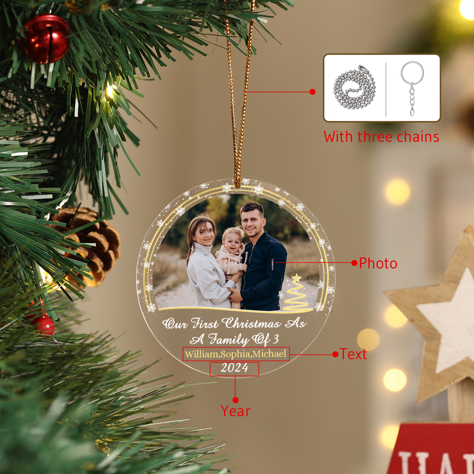 Personalised Christmas Gift Customized Photo & Text & Year Acrylic Hanging Ornaments Gifts for Family | Jessmade